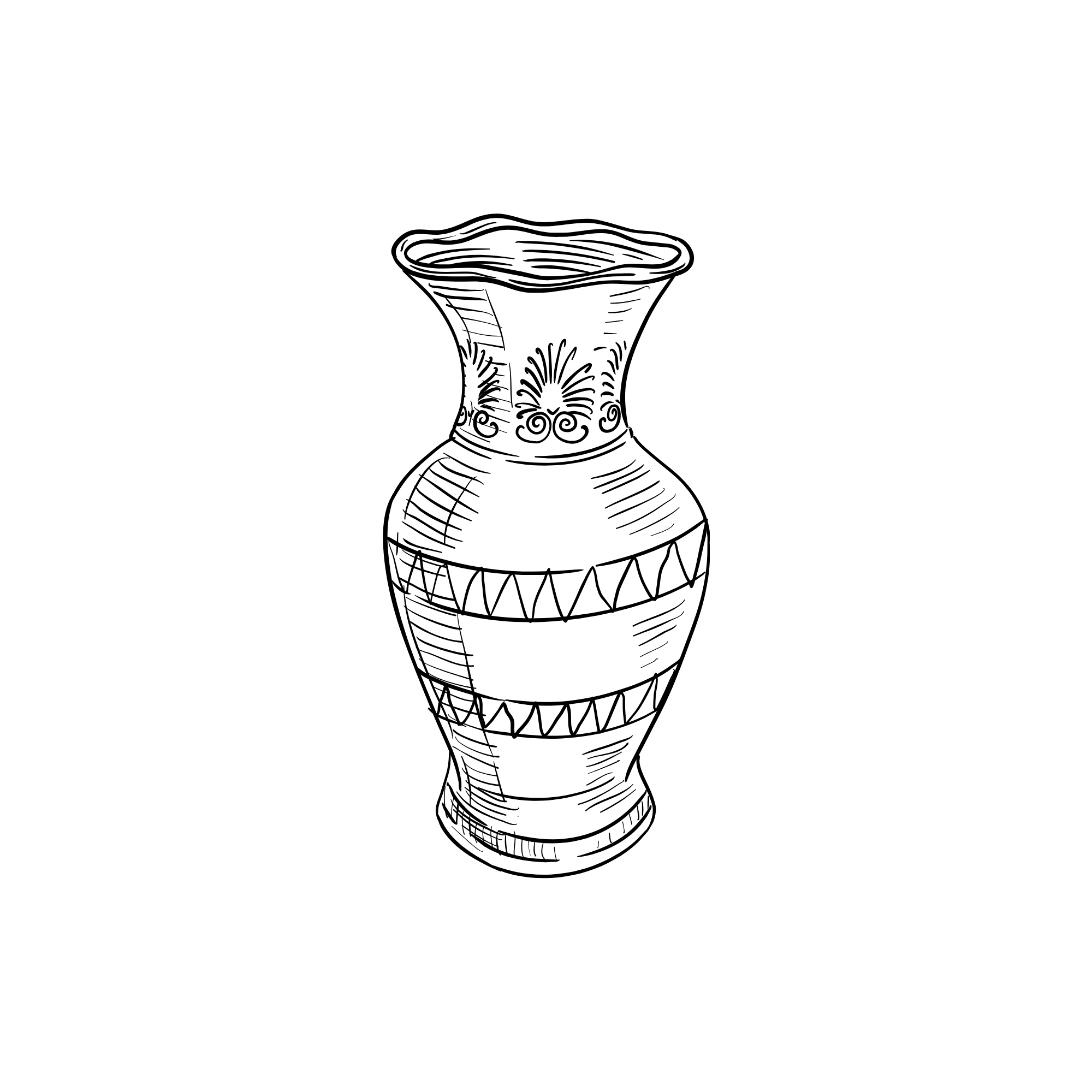 Black and white sketch of a decorative vase with intricate patterns.