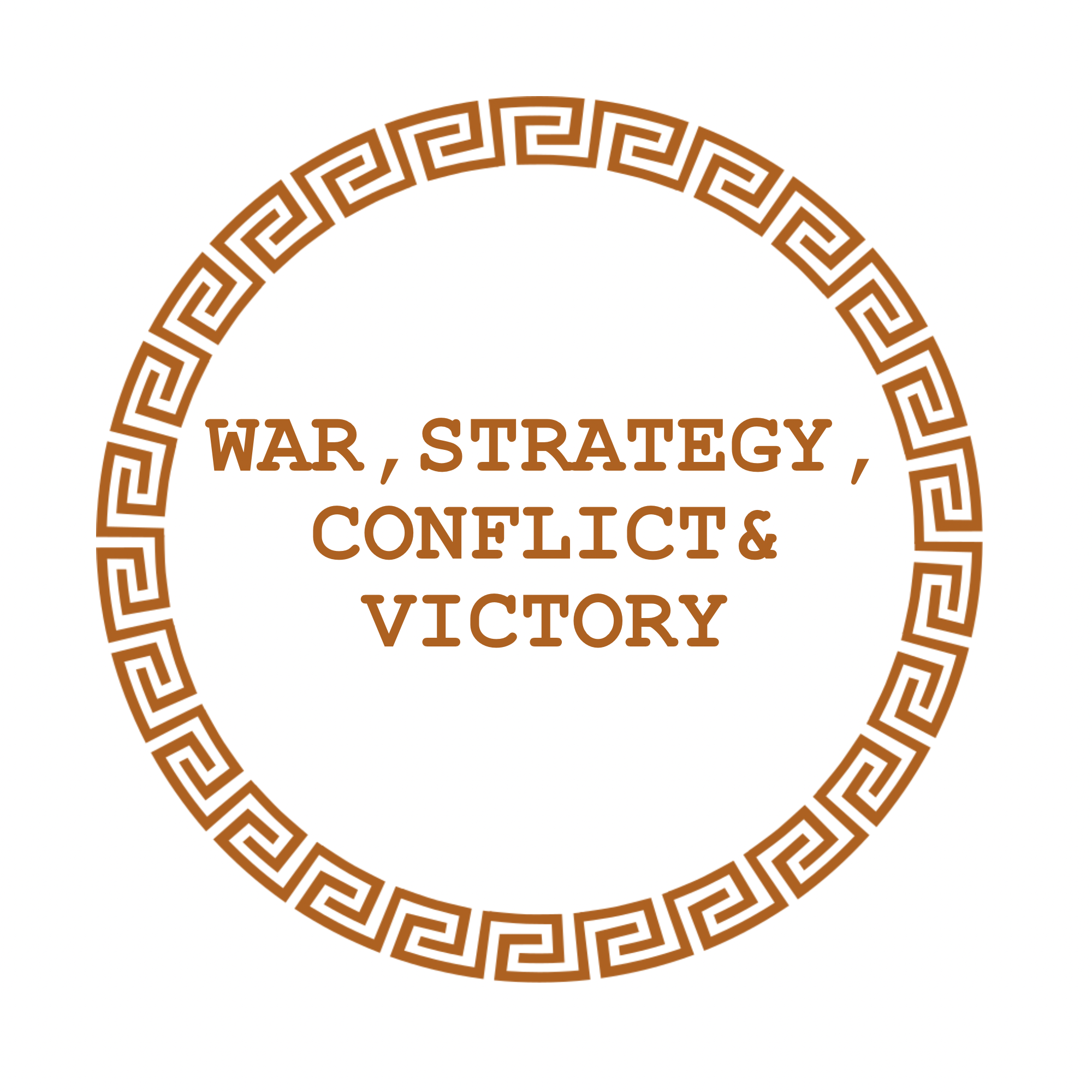 Part of a circular emblem with a Greek key pattern border and brown text reading 'WAR, STRATEGY, CONFLICT, VICTORY'.