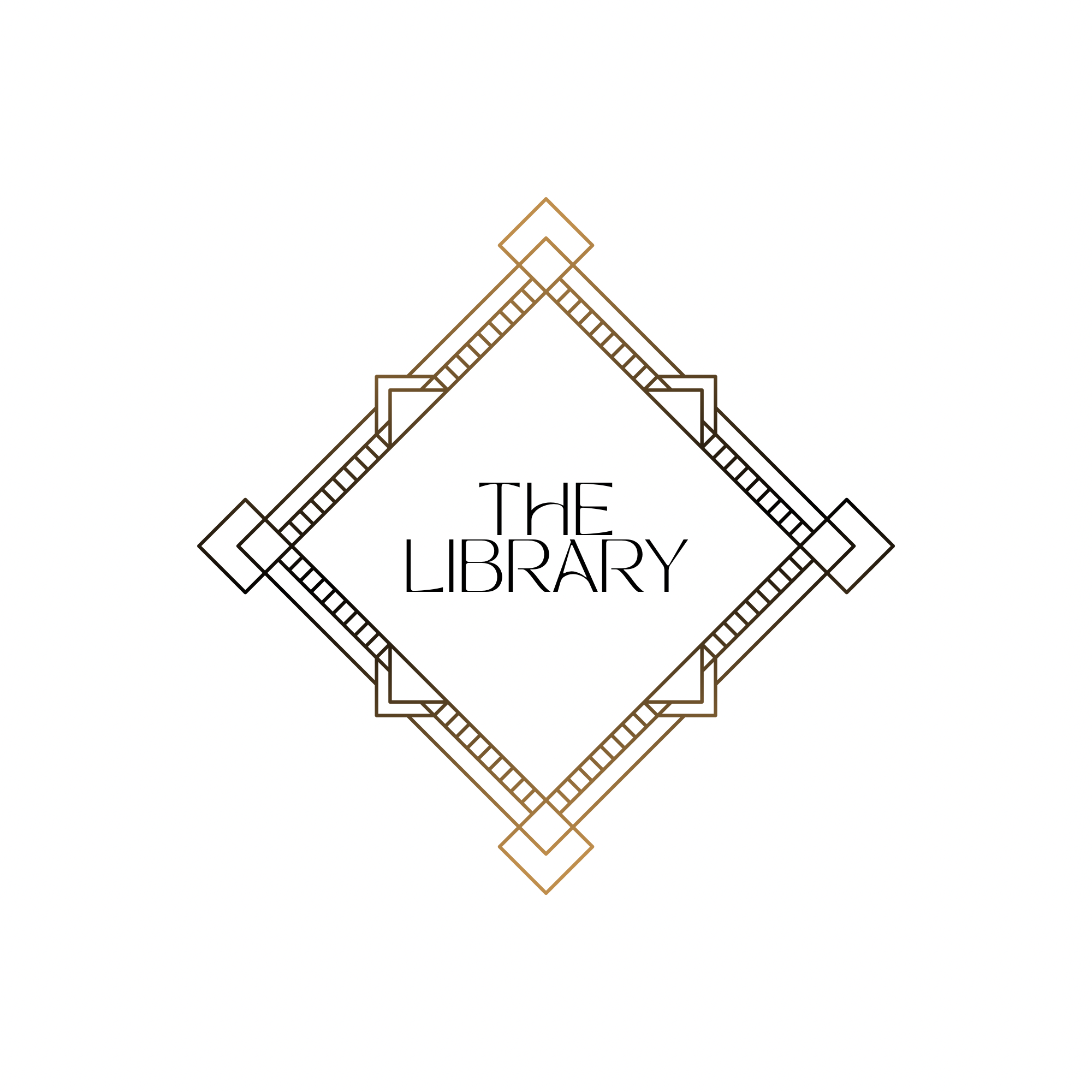 Decorative geometric black and gold design with the words "The Library" in the center.