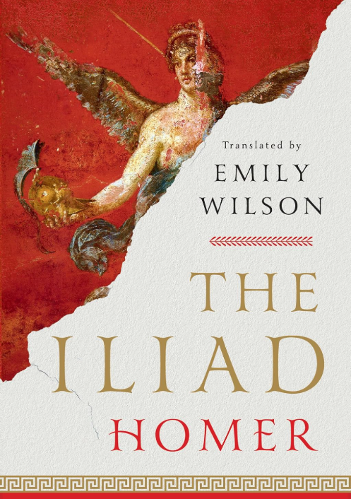Cover of the book 'The Iliad' by Homer, translated by Emily Wilson, featuring a torn piece revealing a classical painting of a winged figure holding a staff.