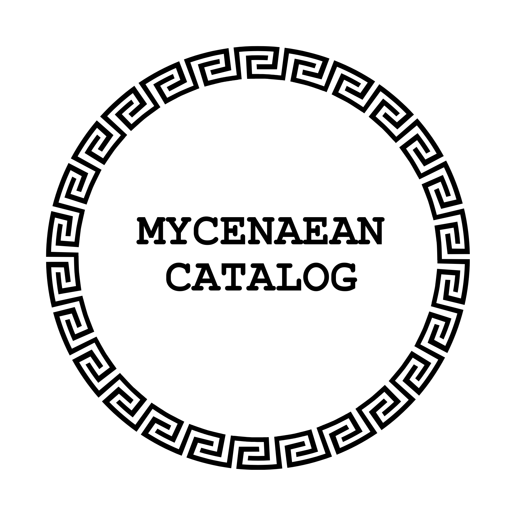 Part of a circular design with a Greek key pattern border and text inside that reads 'MYCENAEAN CATALOG'.