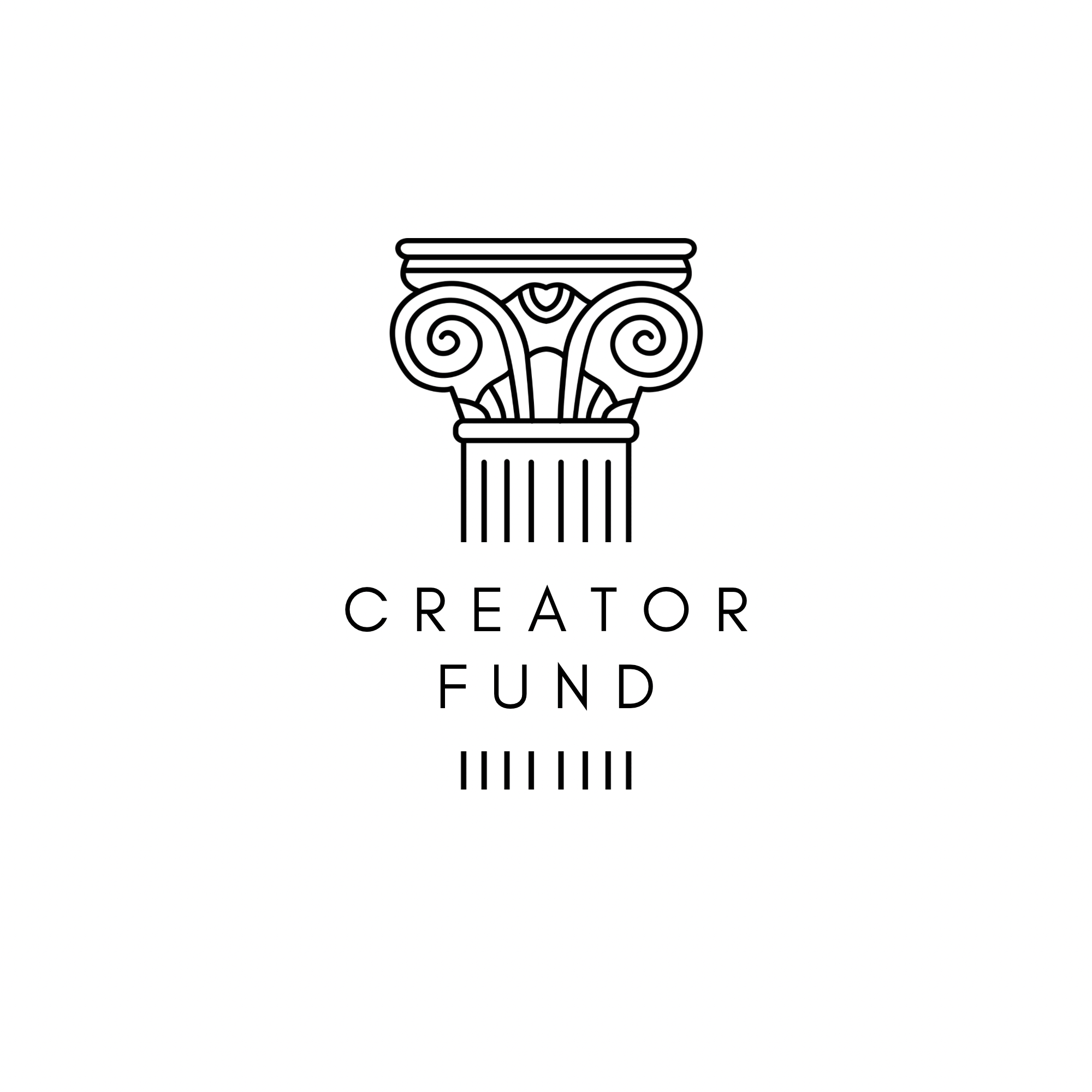 Black and white logo of a classical Ionic column with decorative scrolls, featuring the text 'Creator Fund' underneath.