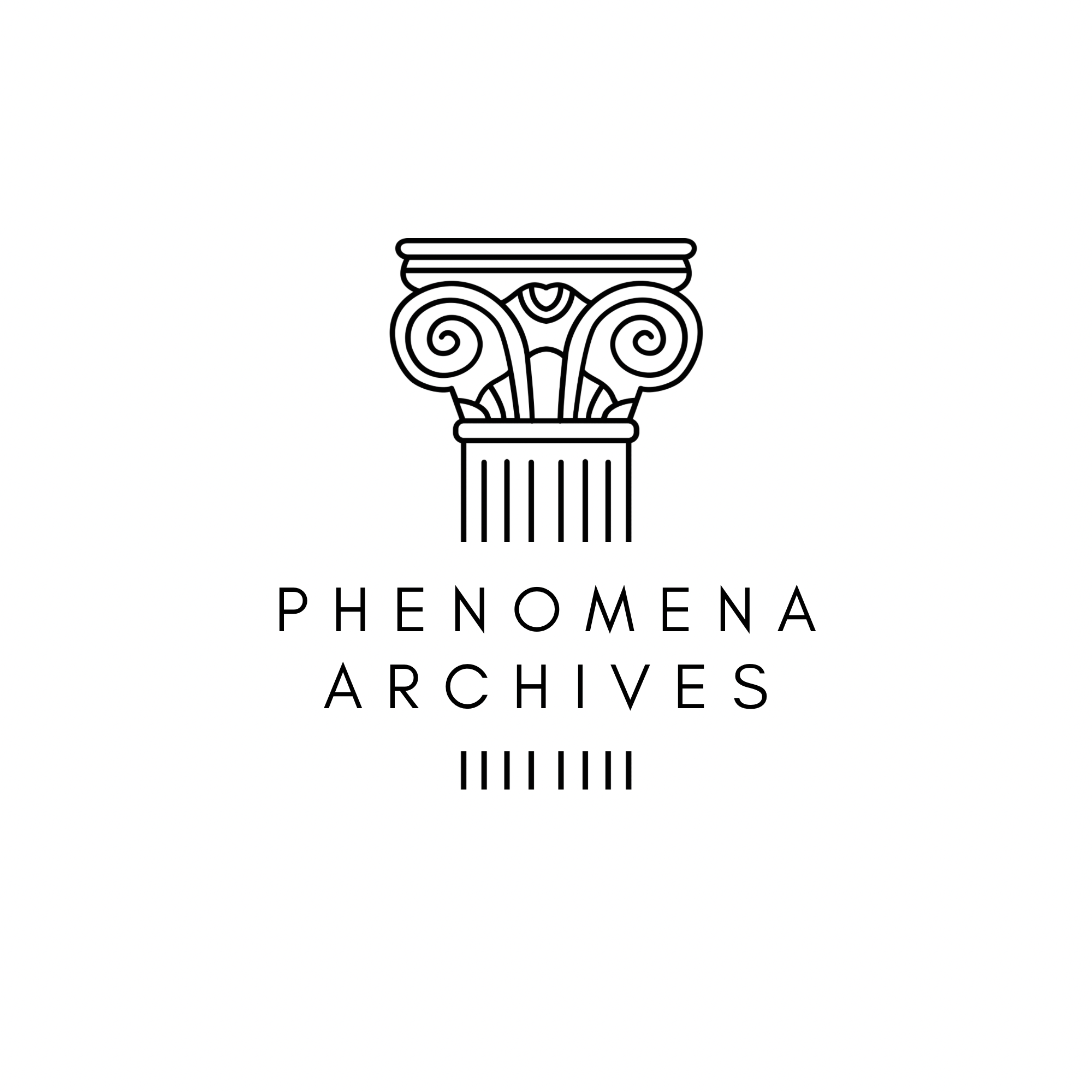 A black and white line drawing of a classical ionic column capital, with the word 'PHENOMENA ARCHIVES' written below.
