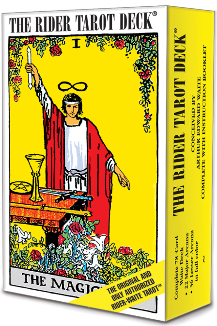 The Rider Tarot Deck box featuring an illustration of The Magician card, with a yellow background, a woman holding a wand, and various tarot symbols.