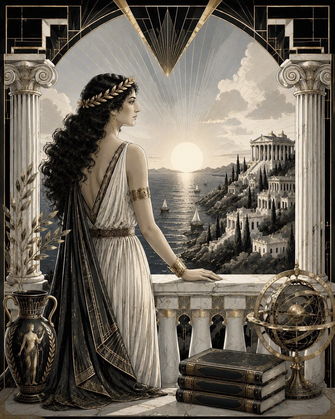 A woman with long, curly dark hair wearing a Grecian-style dress and gold jewelry, standing on a marble balcony overlooking the sea at sunset. The scene includes classical architecture, books, a globe, and a decorative vase, with a view of temples and sailboats on the water.