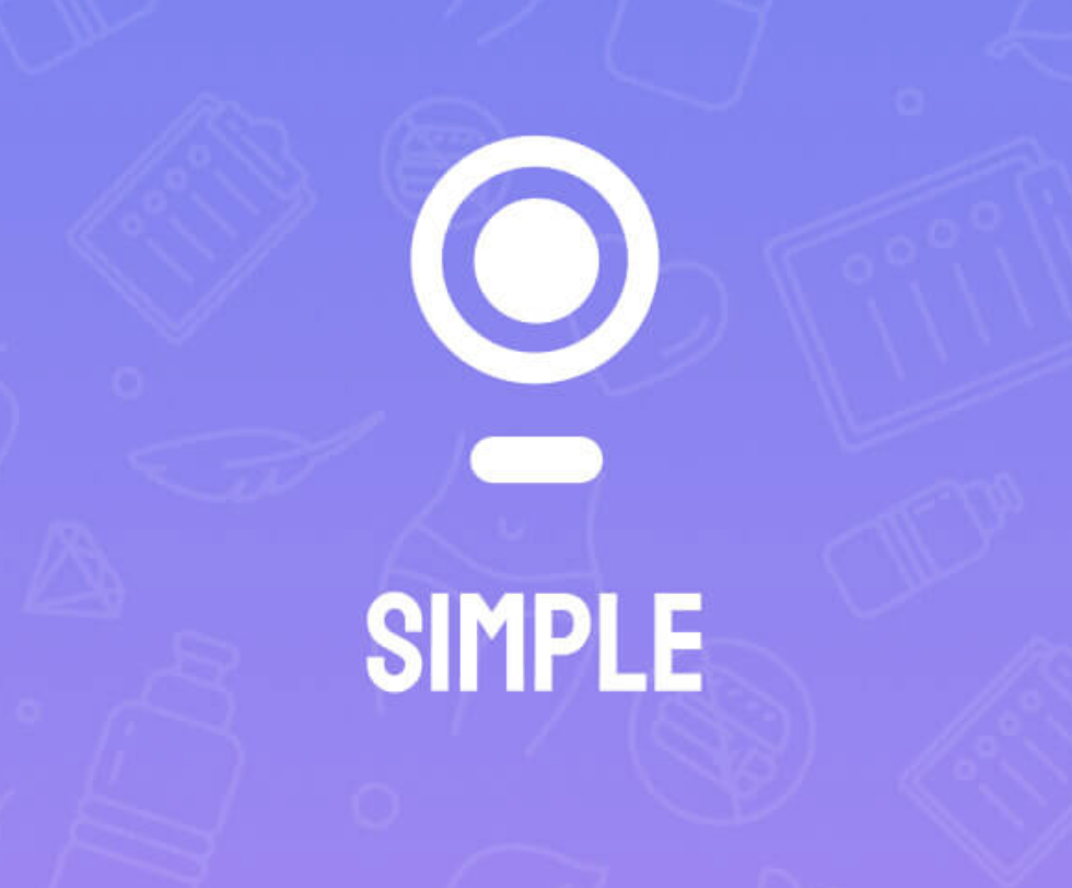 A logo featuring a stylized eye or camera icon with the word "SIMPLE" underneath, set against a purple background with light line drawings of various skincare and beauty products.