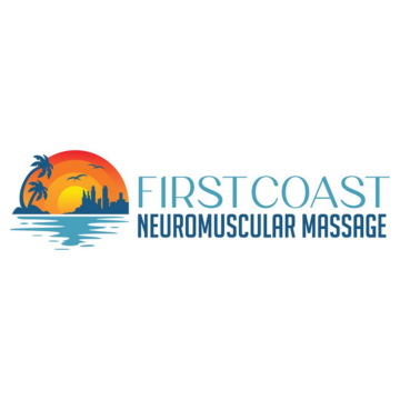 Logo for First Coast Neuromuscular Massage featuring a sunset with palm trees and city skyline over water.