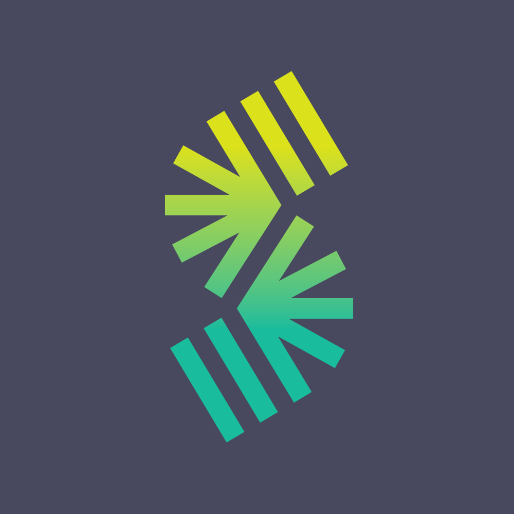 Abstract geometric logo with arrow and lines in yellow, green, and teal on dark gray background.