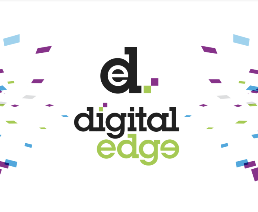 Logo with the words 'digital edge' in black and green text, surrounded by colorful confetti and geometric shapes on a white background.