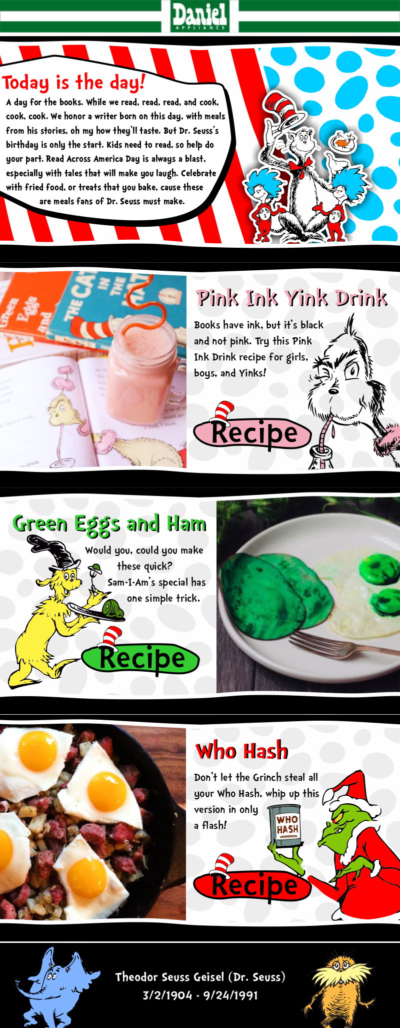 Illustrated Dr. Seuss themed book pages featuring recipes and facts about green eggs and ham, pink ink drink, and Who Hash, with colorful characters and text.