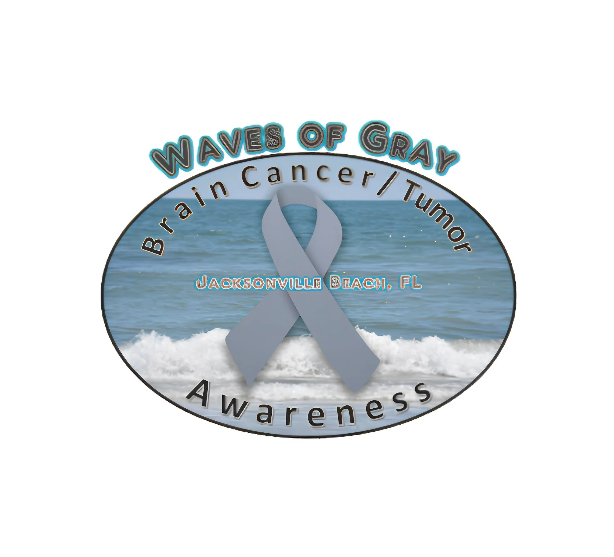 A circular sign with a blue ocean background and white waves at the bottom, reading "Waves of Gray" at the top and "B'Jacksonville Beach, FL" at the bottom, with a gray awareness ribbon in the center.