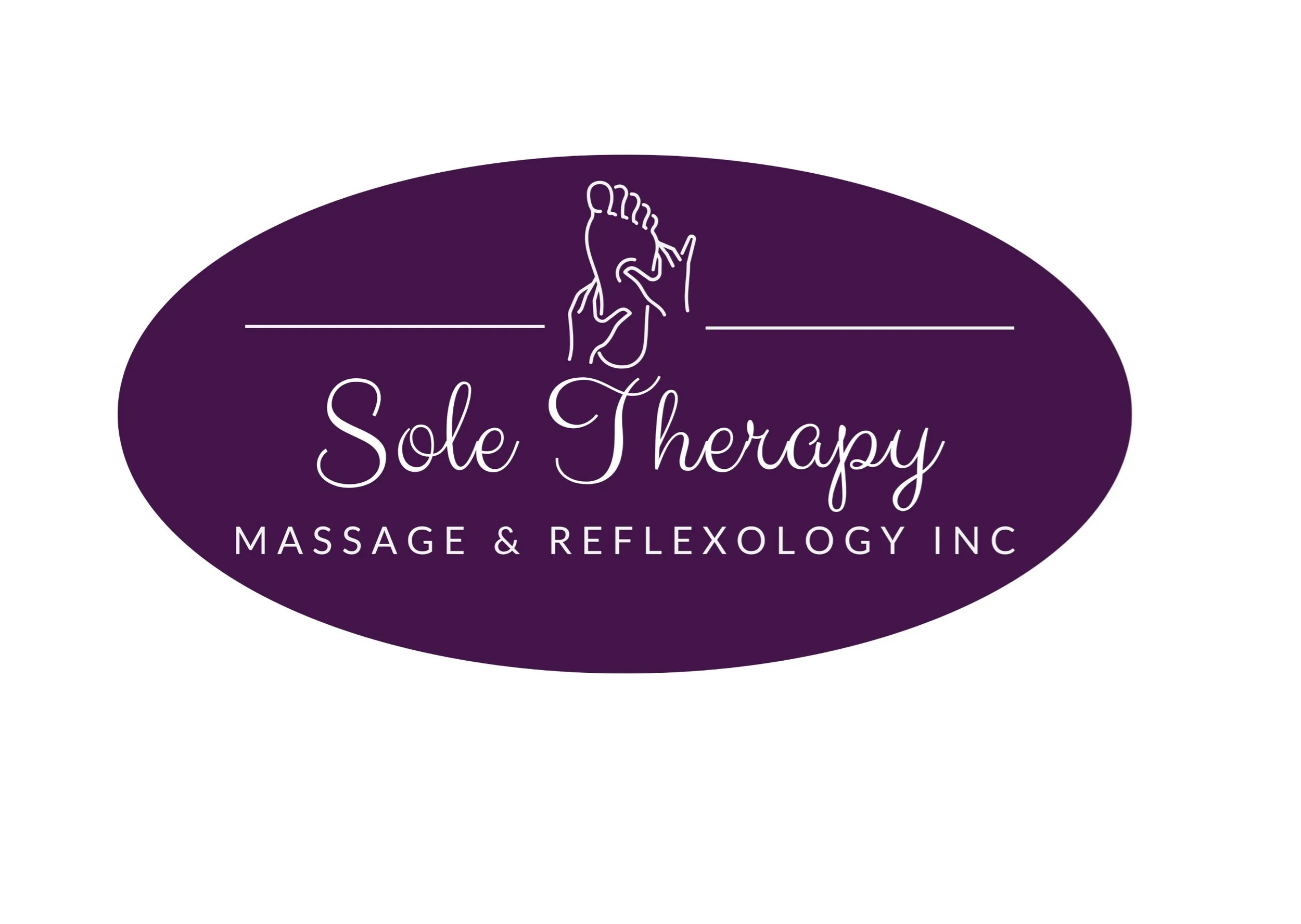 Logo for Sole Therapy Massage & Reflexology Inc. with a purple oval background, a minimalist white line drawing of feet, and the company name in elegant script and capital letters.