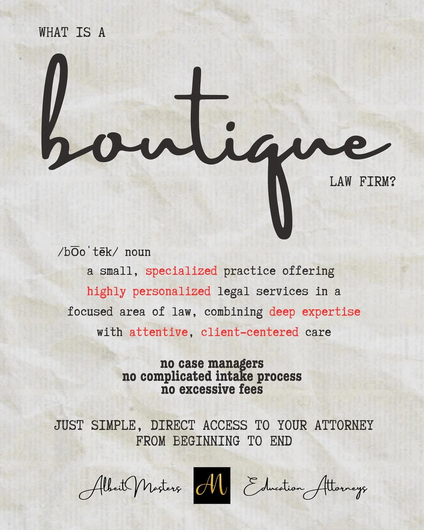 But what does a &ldquo;boutique&rdquo; law firm really mean? How are WE different than other firms? 

#schoollaw #attorneymoms #boutique #boutiquelawfirm #boutiquelawyers