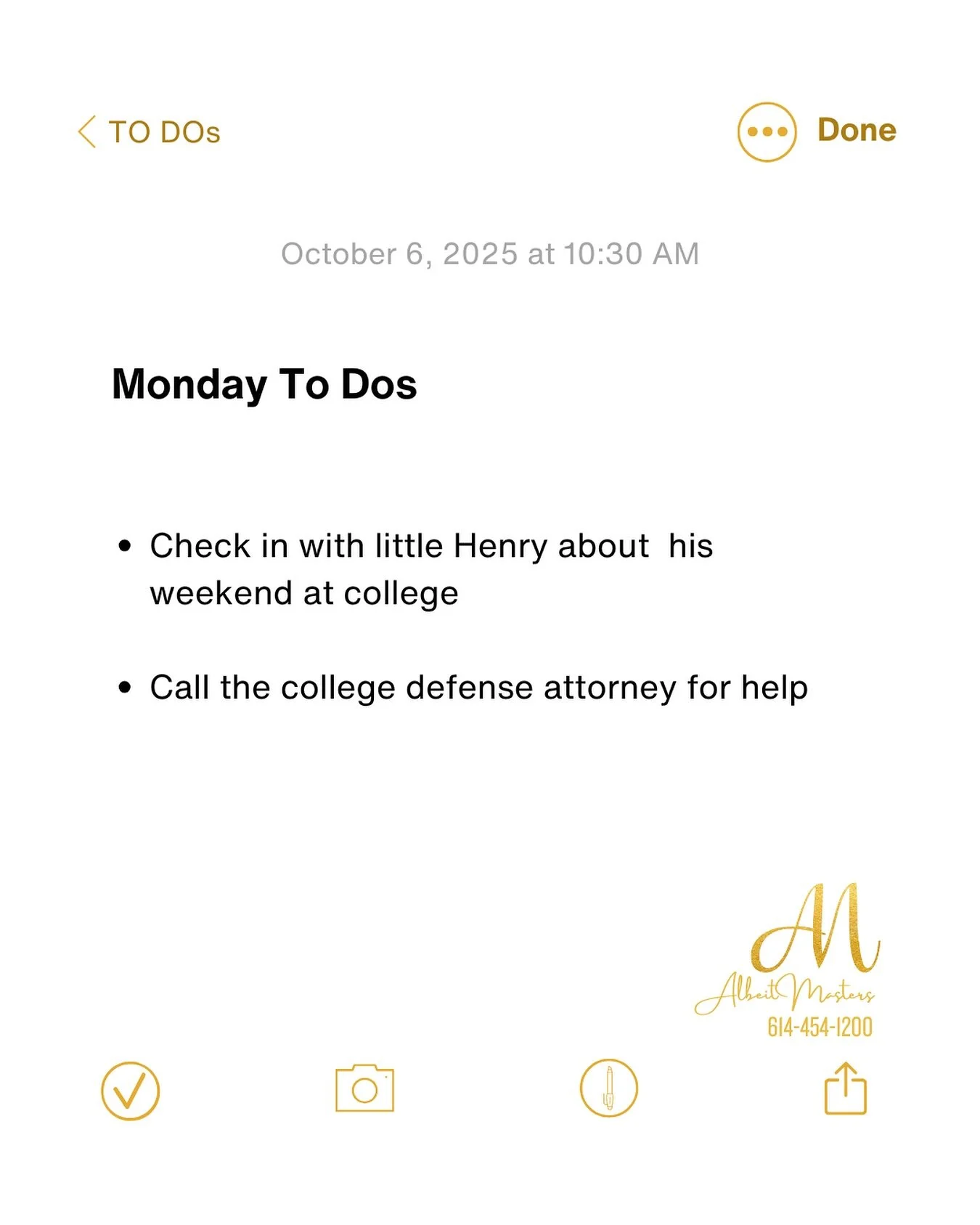 Hopefully the weekend was uneventful, but if your Monday To Do List looks like this, get it done!

#collegestudentdefense #college #defenseattorney #lawyer #collegelawyer #titleix #cheating #conduct #underagedrinking #ohiocollegeattorney