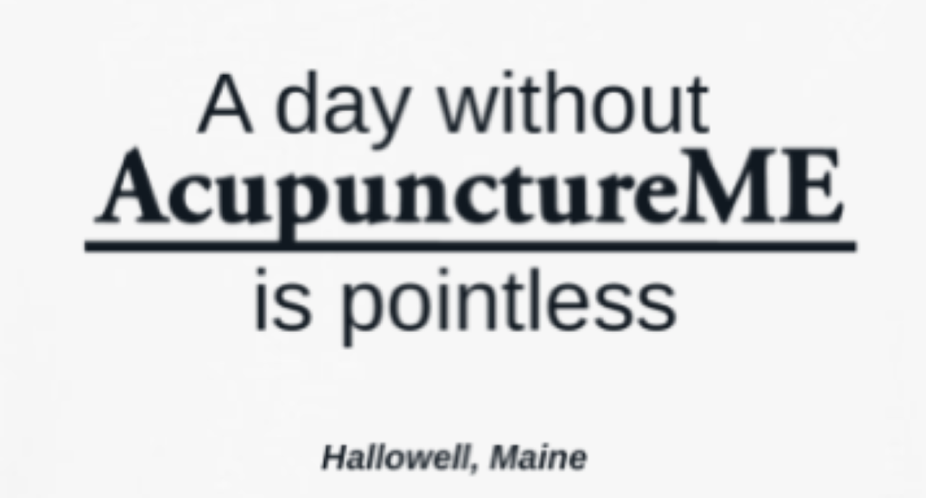Quote that says, 'A day without acupuncture ME is pointless,' with 'Acupuncture ME' in bold and underlined, and 'Hallowell, Maine' at the bottom.