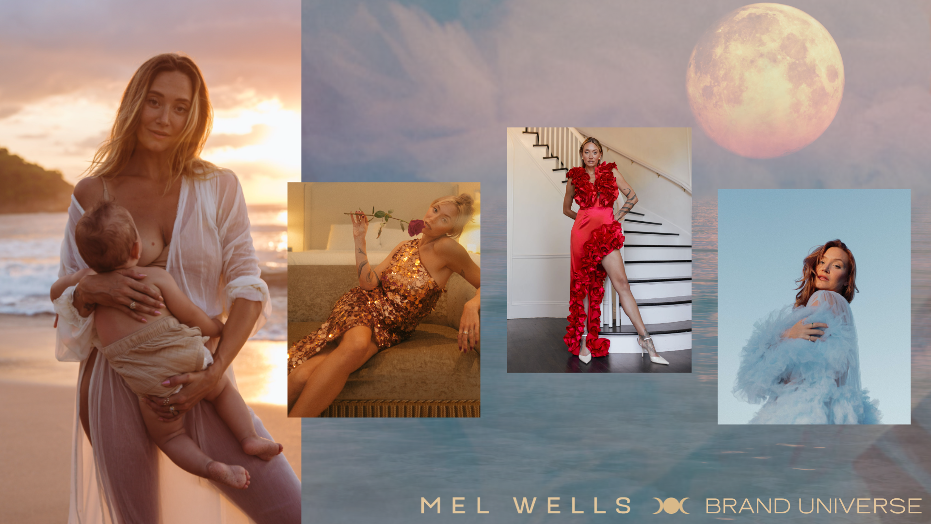 Collage of four women in different settings, with a background of a full moon over water and sunset, featuring Mel Wells branding.