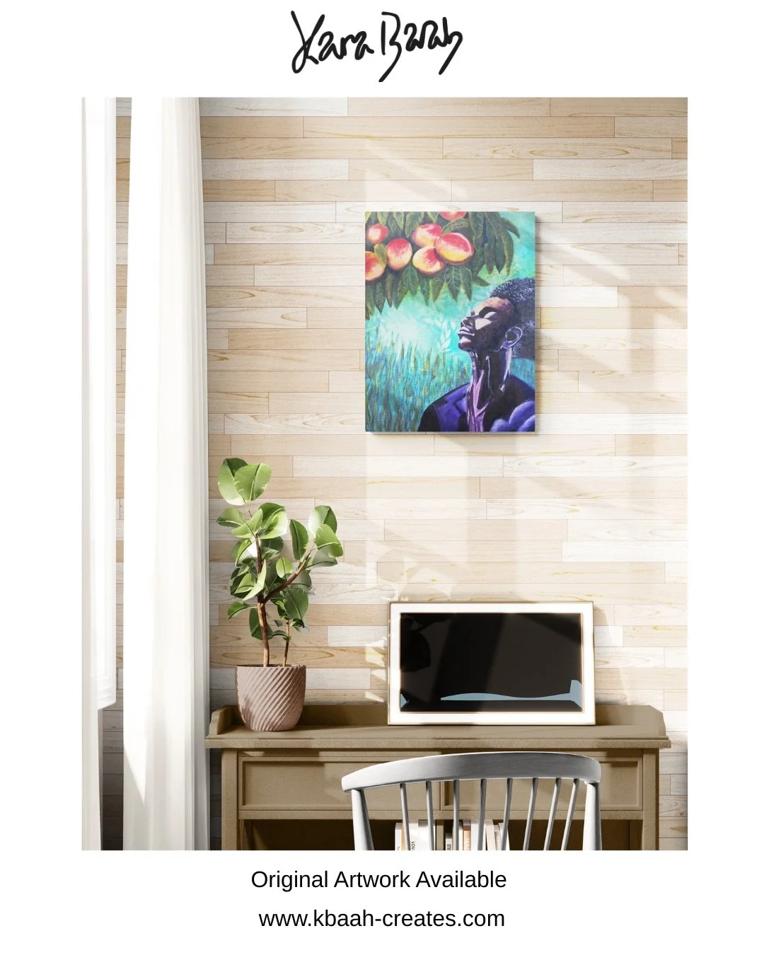 Mindful 🍃
Mixed media on canvas (40x50cm)

A quiet moment beneath abundance.
Eyes closed, face lifted&hellip; choosing to pause, to breathe, to receive.

The fruit above speaks of provision, growth, and the gentle reminder that what we need is often