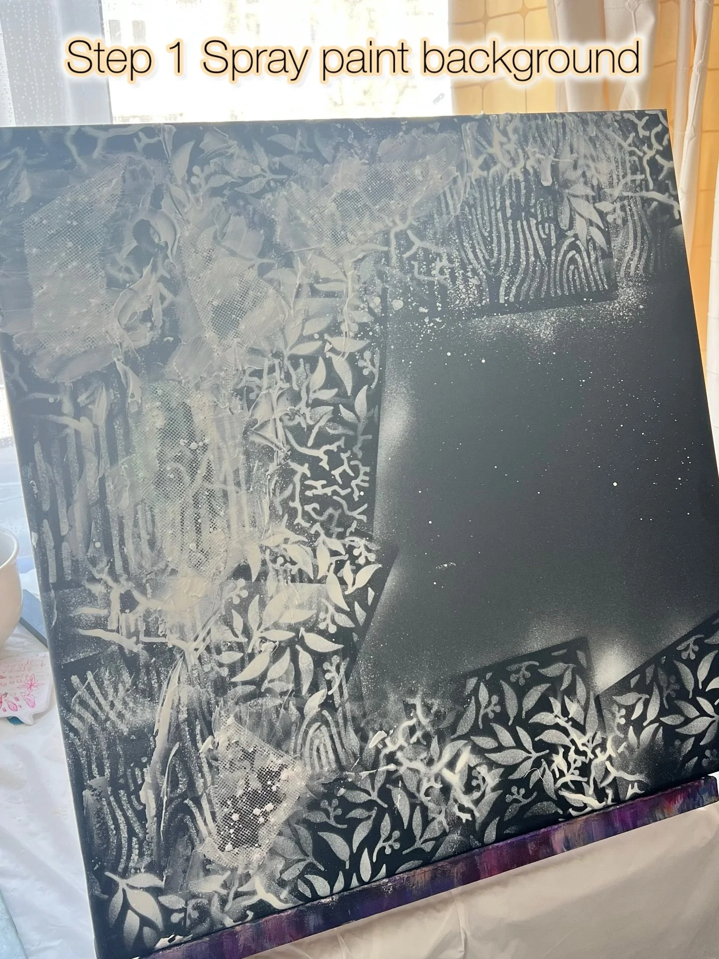 Welcome to the journey of my current piece 🎨 

From the bare canvas&hellip; 
to spray paint textures&hellip; 
to a monochromatic underpainting&hellip; 
and now bringing it to life with vibrant oils ✨ 

Each layer tells part of the story, building de