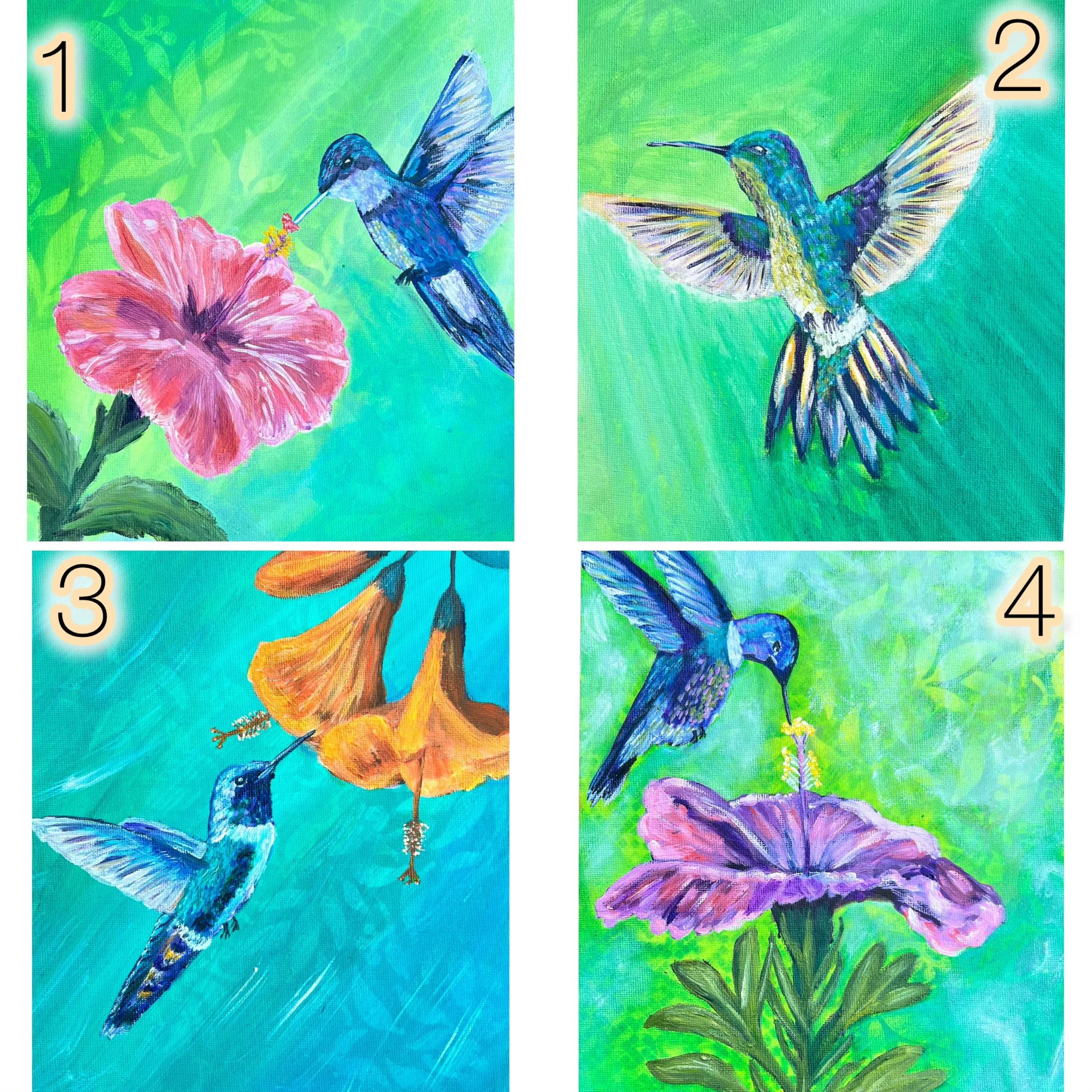 I&rsquo;ve been working on these mini hummingbird paintings recently using spray paint backgrounds, acrylic underpainting, and oils layered on top. I&rsquo;ve really enjoyed experimenting with texture, colour, and movement in these pieces.

Which one