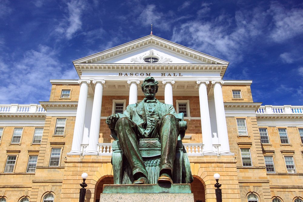 Statue of Abraham Lincoln in front of Bascom Hall at the University of Wisconsi-Madison.