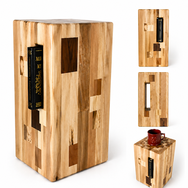 SLOW - monolithic readers block, mixed hardwoods, inlays