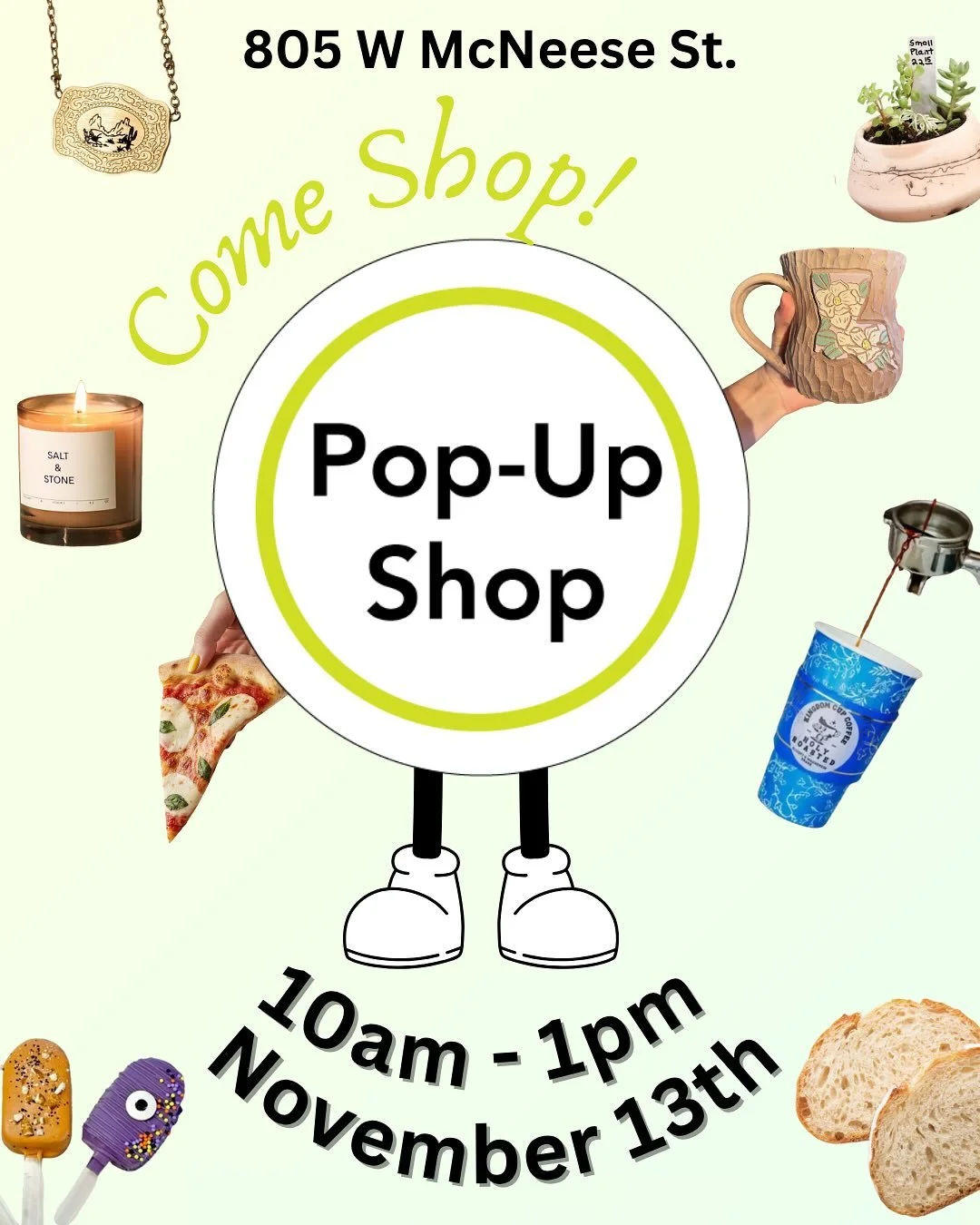 Pop-Up Shop!!!

Join us November 13 from 10&ndash;1PM for a cozy morning with local creators featuring Neapolitan pizza, antiques, jewelry, desserts, candles, pottery, and baked goods.

We will be doing a Self-Care Giveaway for a chance to win a hand