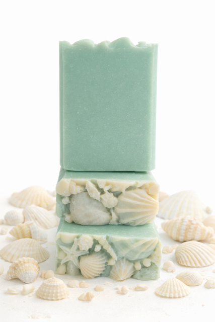 Three bars of pale green and white soap stacked with seashells around them.