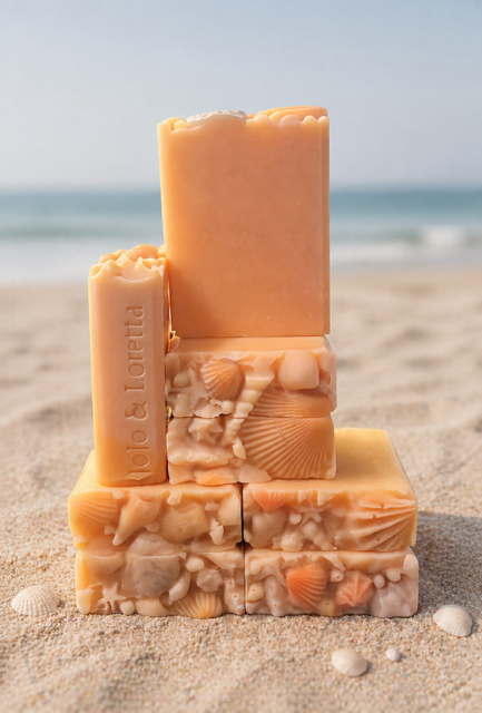 Stacked bars of peach-colored soap with shells embedded, arranged on sand at the beach with the ocean and sky in the background.