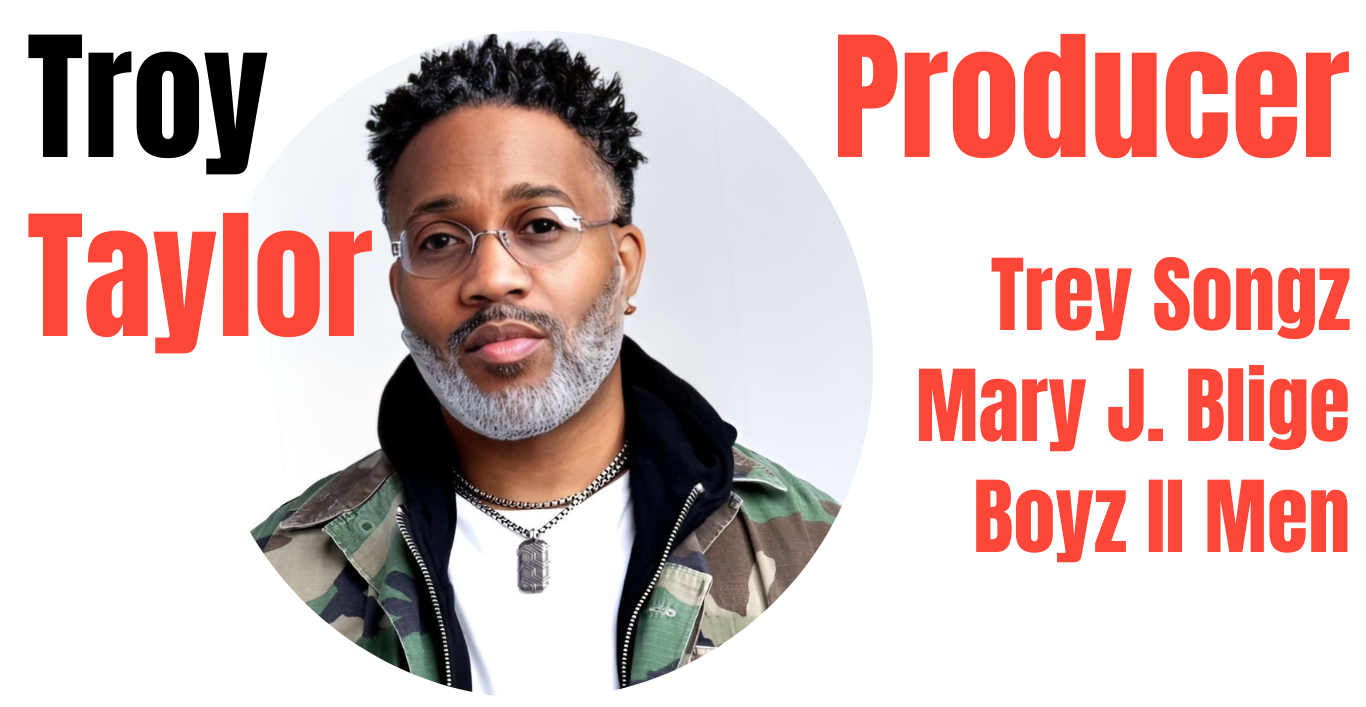 Promotional graphic featuring a portrait of a man with glasses, gray beard, and dark curly hair, wearing a camouflage jacket, a white shirt, and jewelry. The text includes the name 'Taylor' and mentions 'Producer, Trey Songs, Mary J. Blige, Boyz II Men' in bold red letters on a black background.