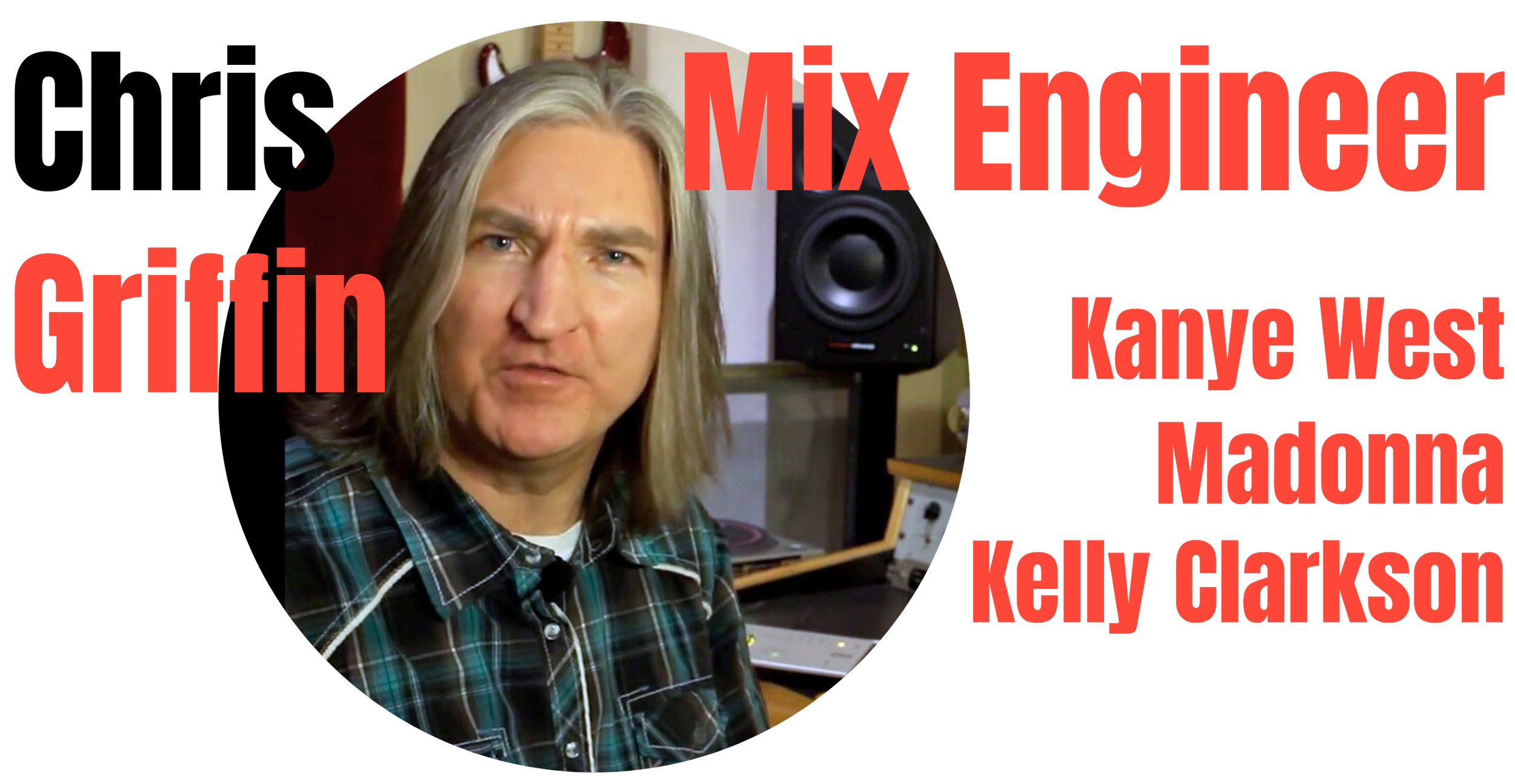 A man with long gray hair wearing a plaid shirt in a music studio, with various audio equipment in the background, overlaid with red text listing names of popular music artists.