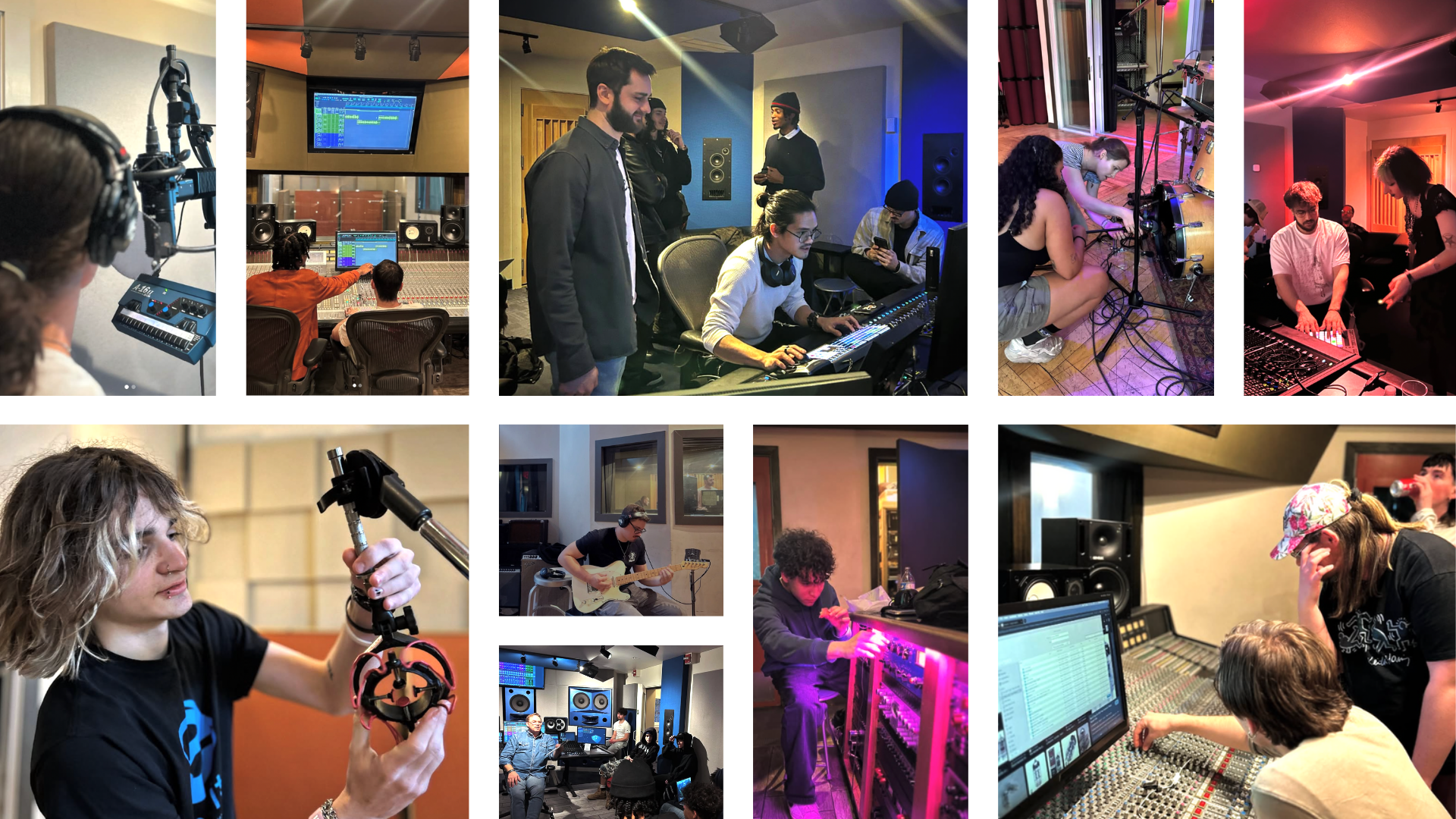 People working in a music production studio, artists playing instruments, and individuals recording and mixing music.