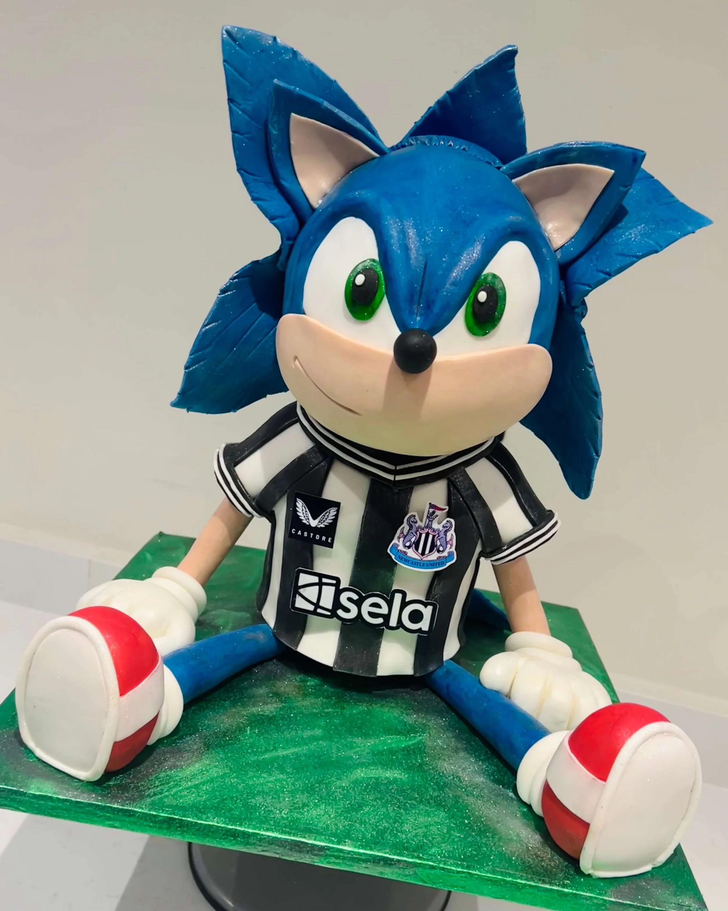 A cake modeled as a Sonic cartoon character with blue spikes, sitting on a green platform. The character is wearing a black and white striped football jersey with logos and red shoes, resembling a soccer fan or player. Newcastle United or NUFC.