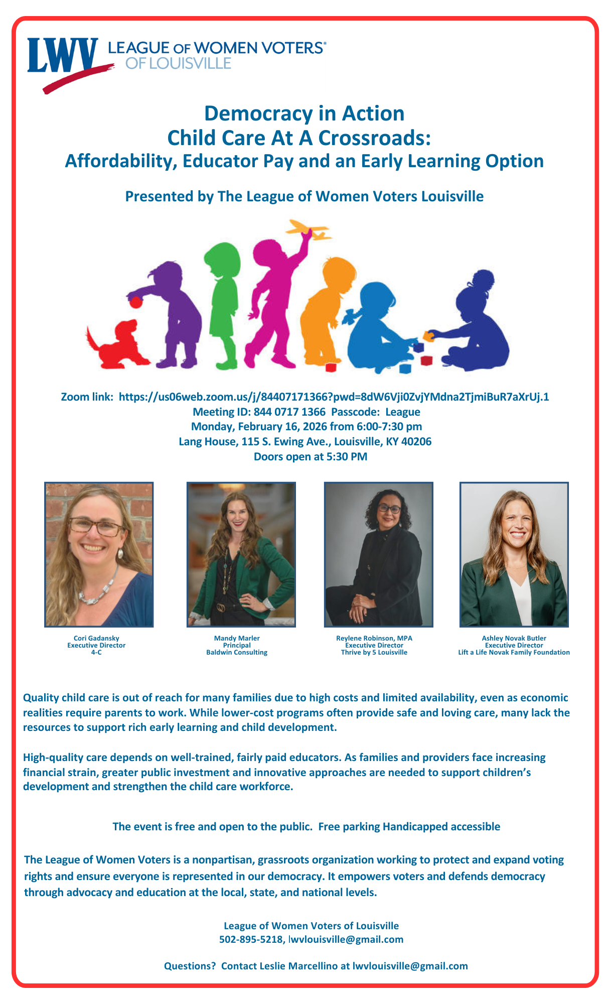      

 
   Democracy in Action Program  Childcare at a Crossroads: Affordability, Educator Pay and an Early Learning Option    Zoom link:  https://us06web.zoom.us/j/84407171366?pwd=8dW6Vji0ZvjYMdna2TjmiBuR7aXrUj.1  Meeting ID:  844 0717 1366  Passco