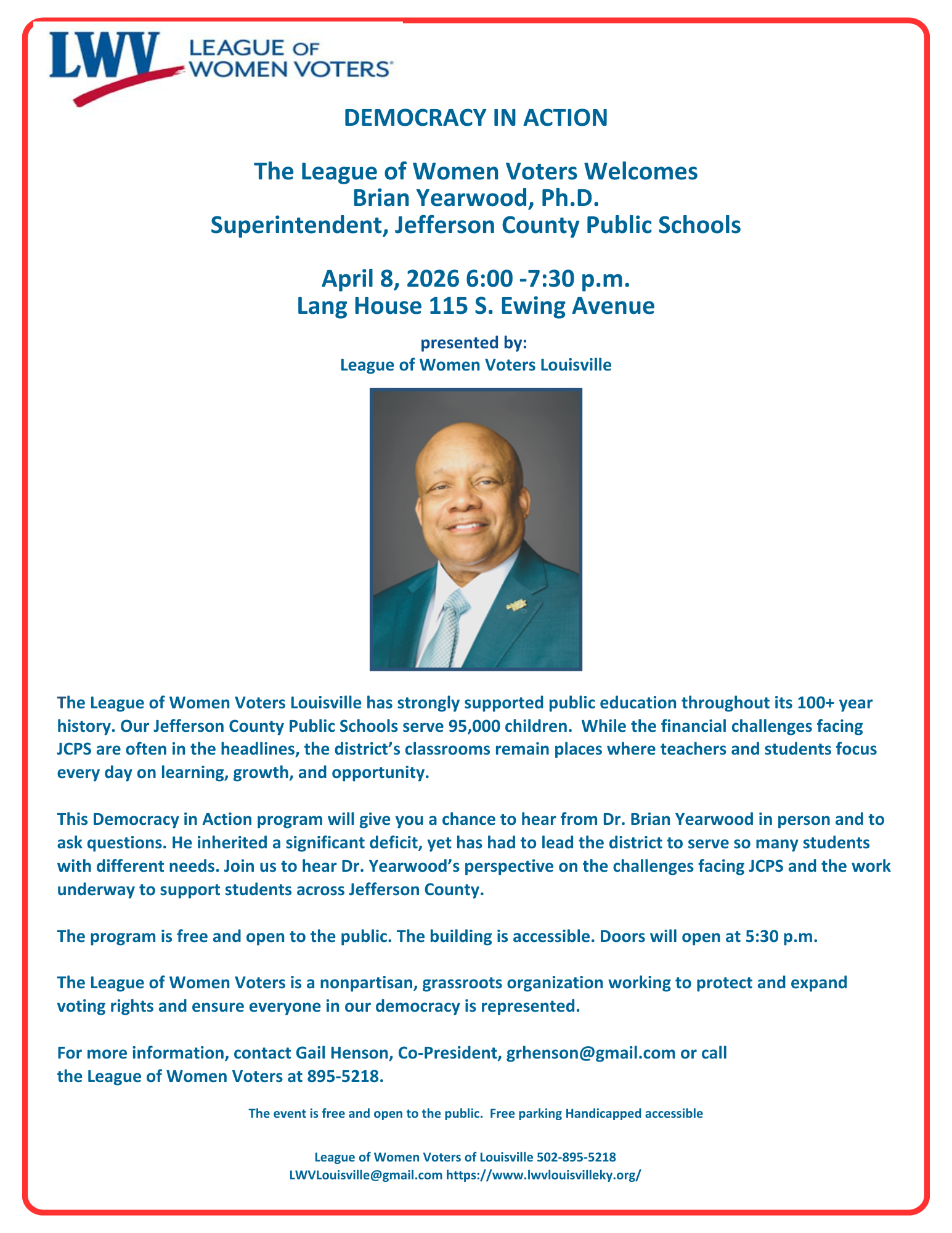 Democracy in Action Program:  The League of Women Voters Welcomes Brian Yearwood, Ph.D., Superintendent, Jefferson County Public Schools