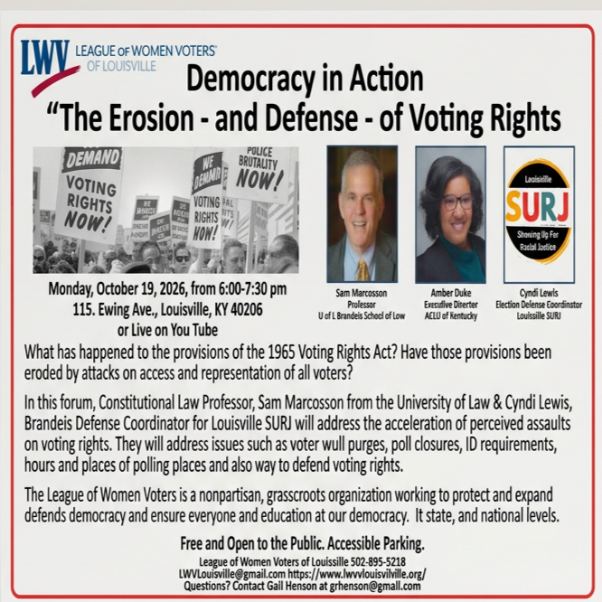 Flyer for a public event titled "Democracy in Action: The Erosion and Defense of Voting Rights" organized by the League of Women Voters of Louisville, scheduled for October 19, 2026, at Ewing Ave, Louisville, KY, from 6:00 to 7:30 pm, available in person and on YouTube. The flyer features black-and-white images of protestors holding signs demanding voting rights, and color photos of speakers Sam Marcozzon and Amber Duke, along with a Louisville SURJ logo. The event will address issues related to the 1965 Voting Rights Act and voting rights protections.