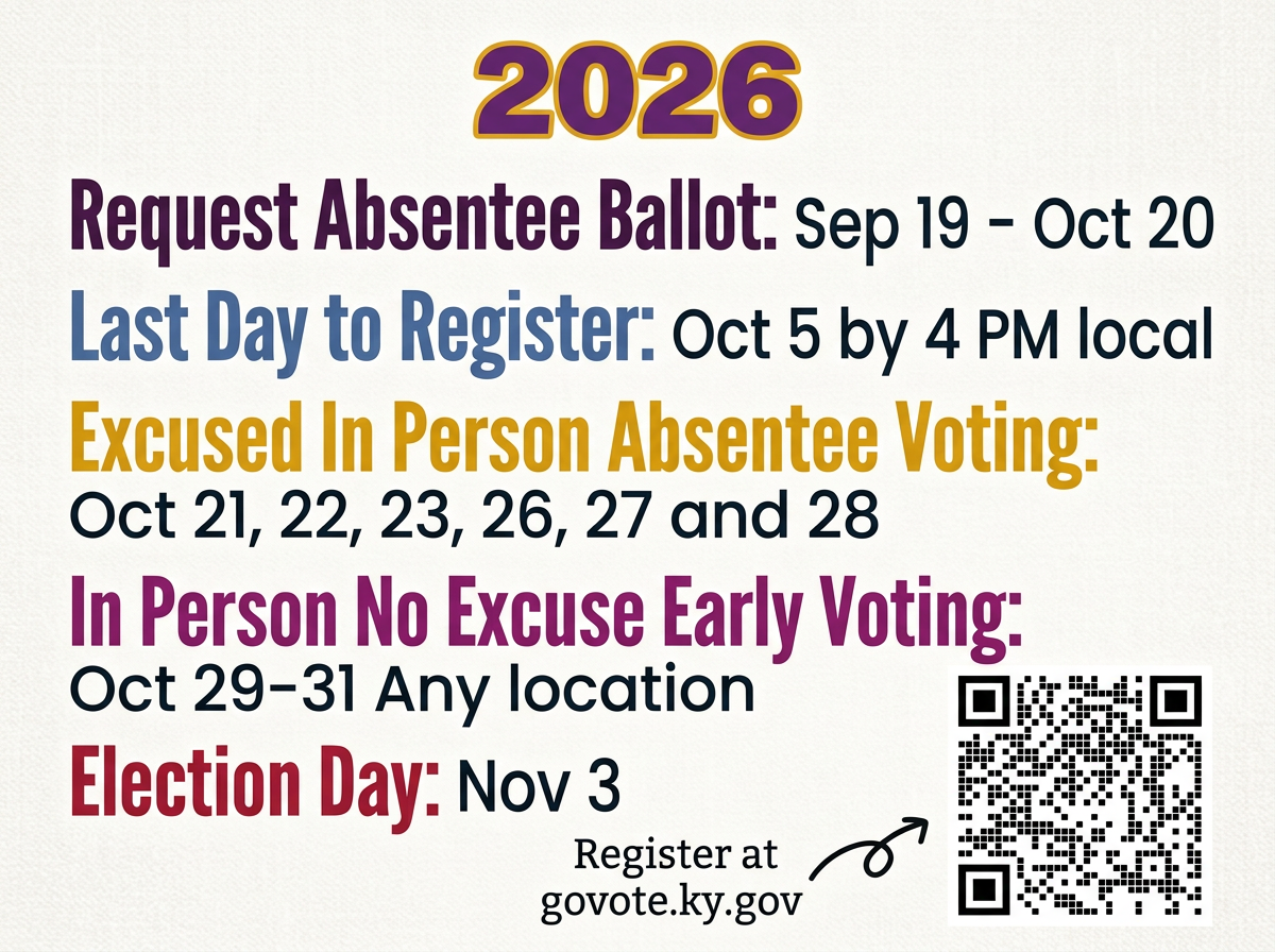 2026 KY General Election Dates. Absentee Ballots, Registration, Excused In Person Voting, In Person No Excuse Voting, Election Day