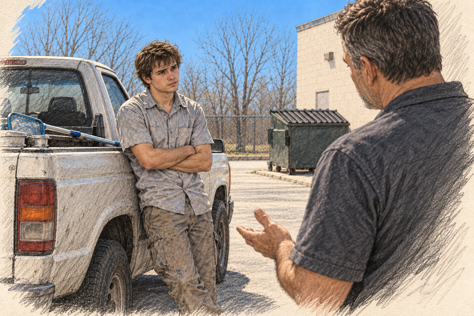 Person leaning against truck while being spoken to by another