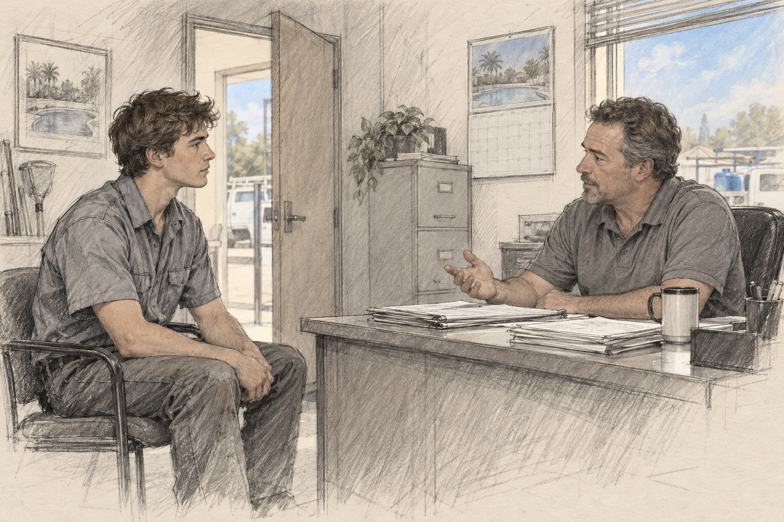 Two people talking at an office desk