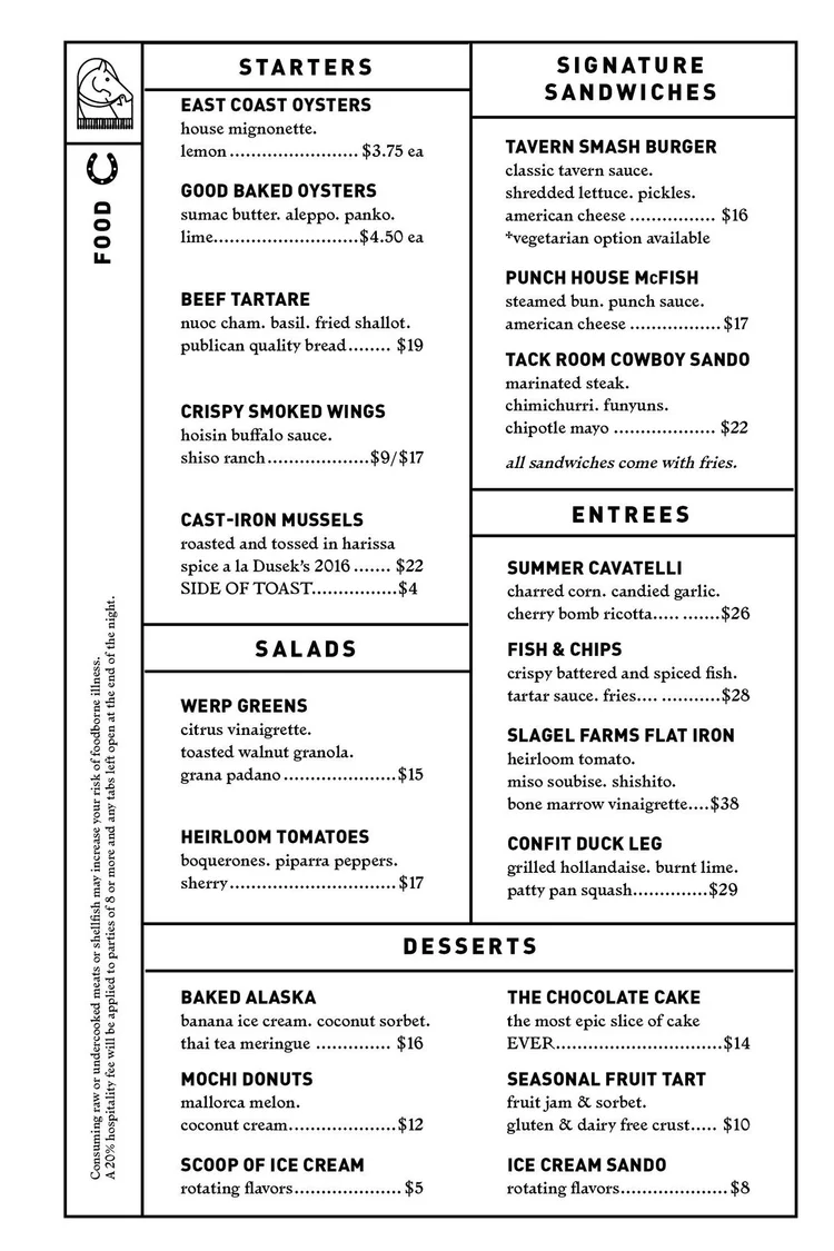 Food Menu at Tack Room — Tack Room