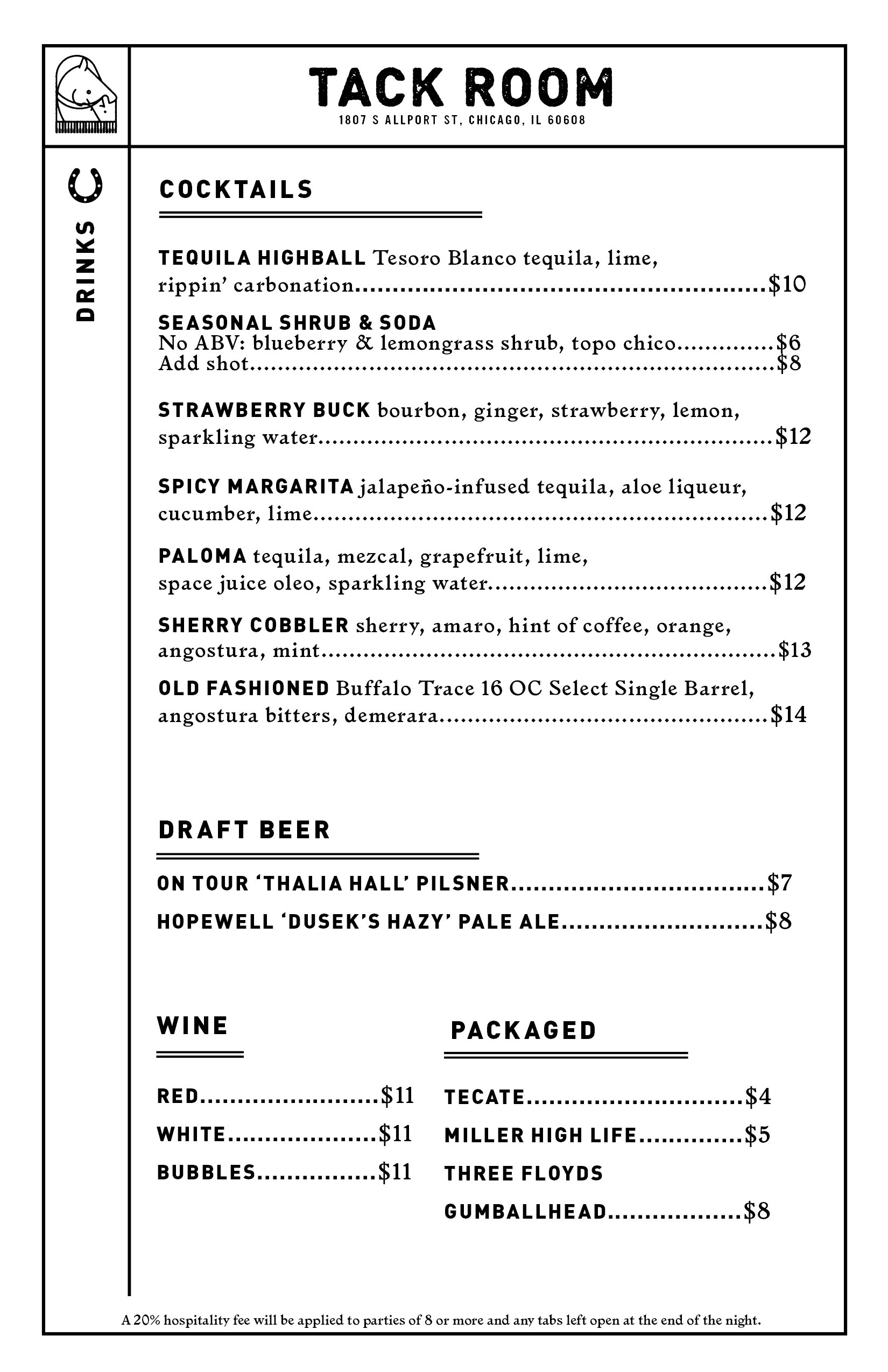 Tack Room Cocktail Menu — Tack Room