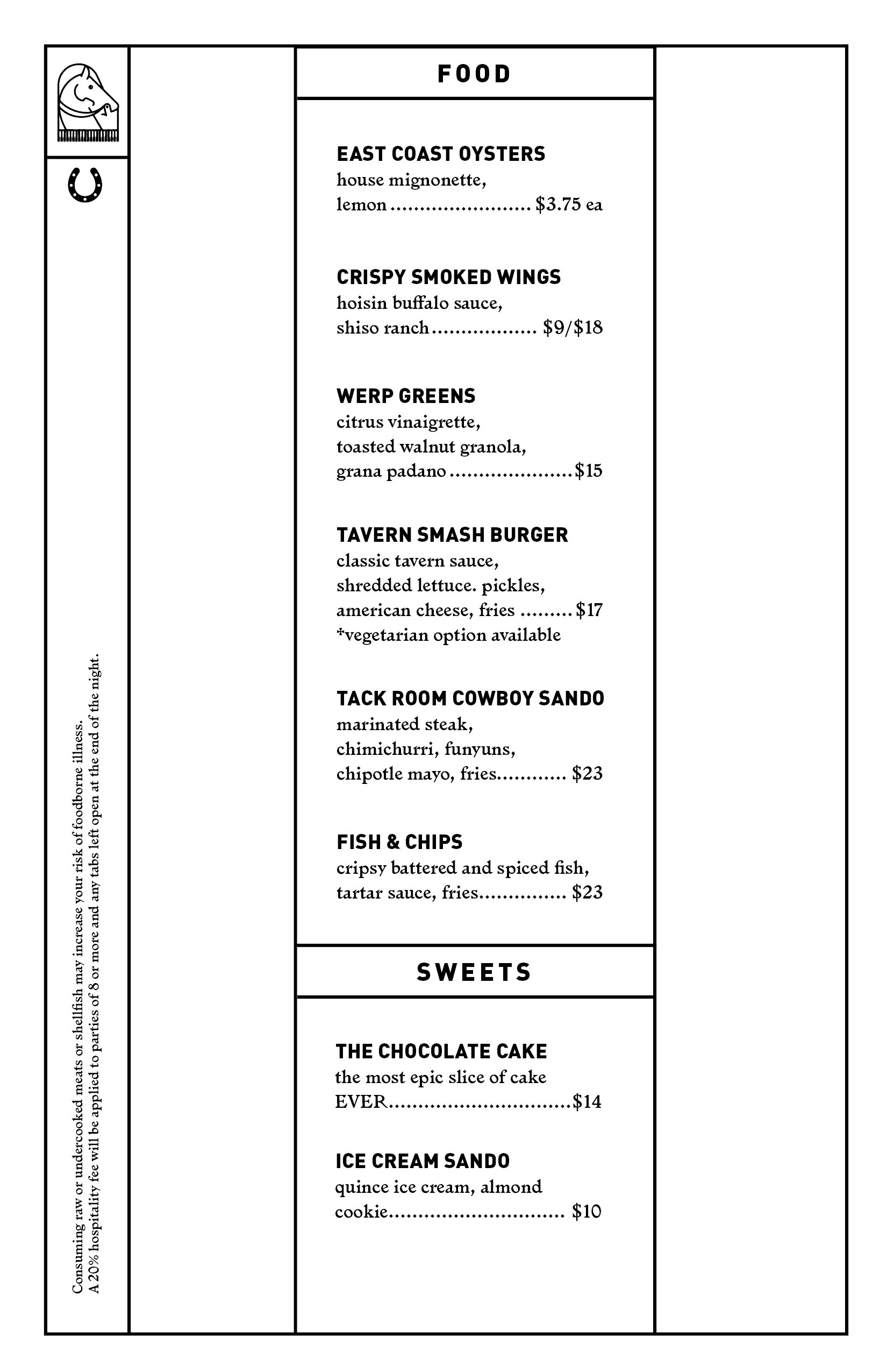 Food Menu at Tack Room — Tack Room