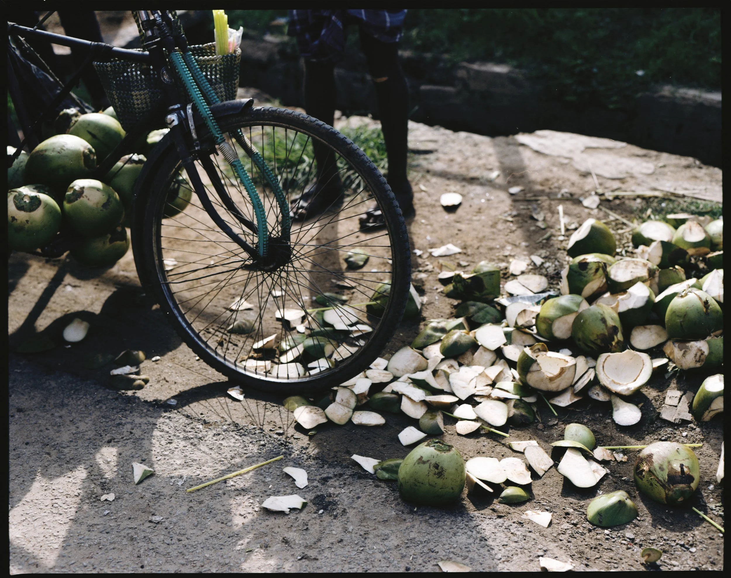 A bicycle leaning against a pile of green coconuts and coconut shells on the dirt ground.
