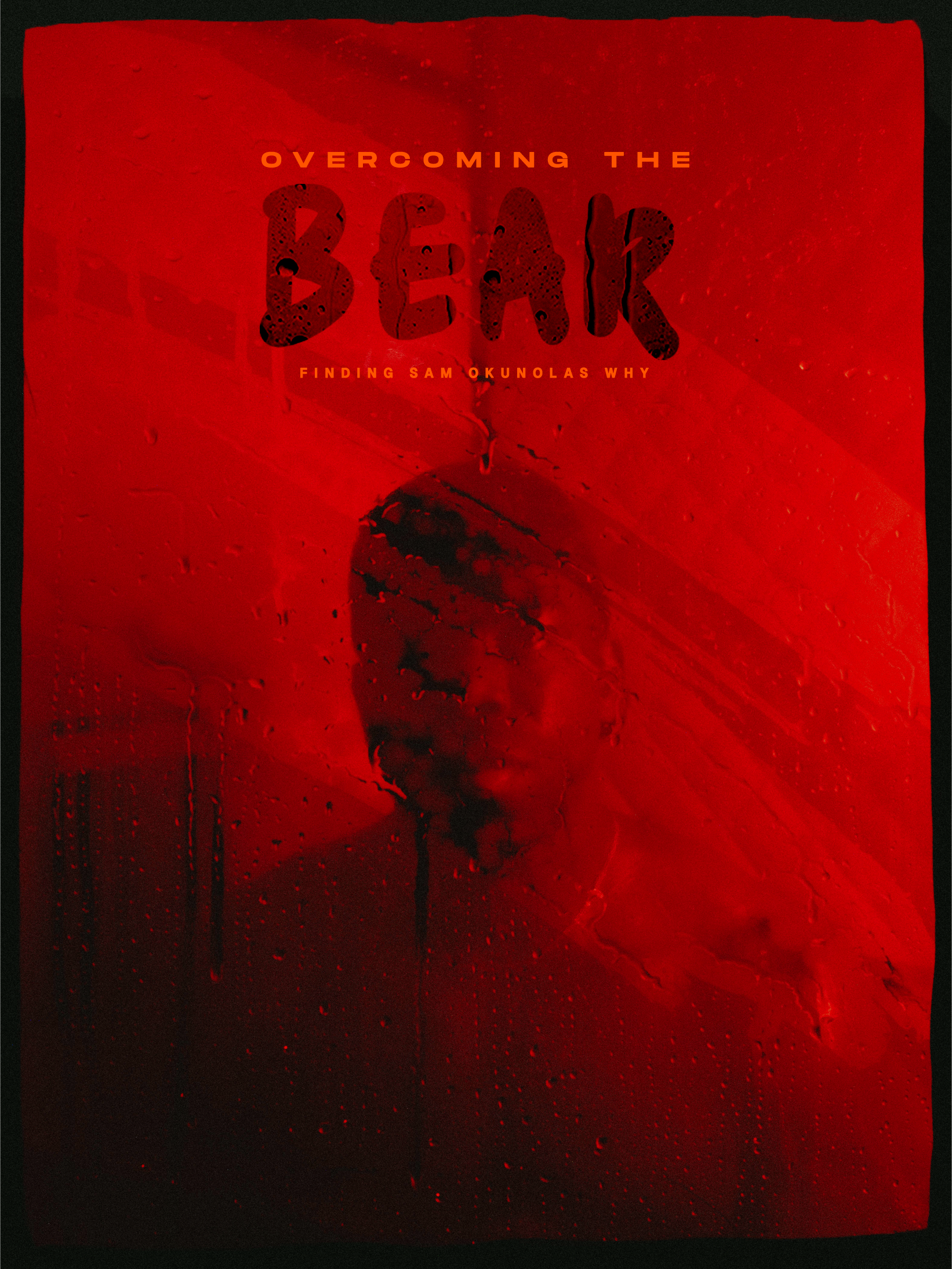 Book cover titled 'Overcoming the Beep' with a red background and an abstract dark silhouette of a woman's face with water droplets on the surface.