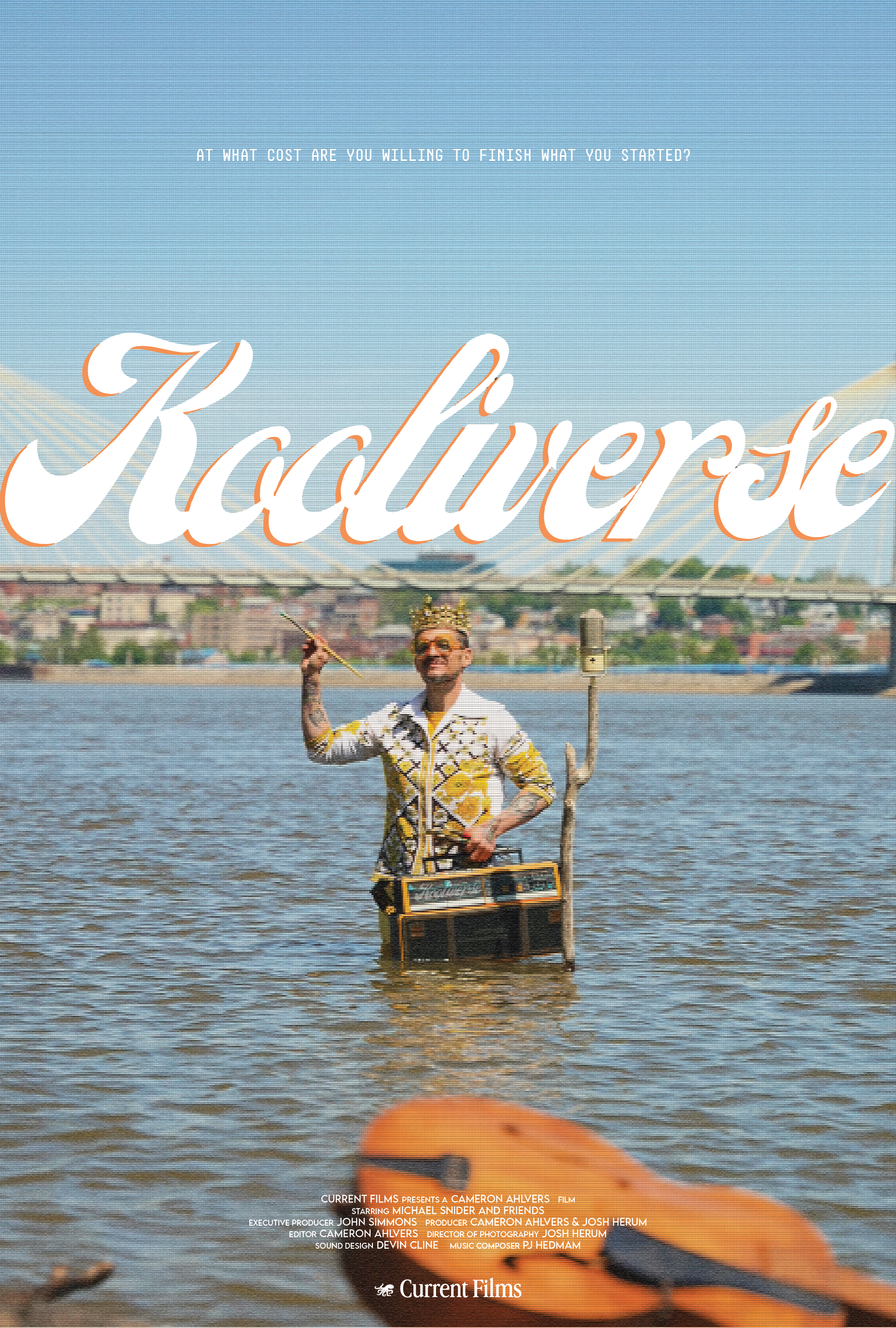 A man wearing a crown and a patterned shirt standing in a river, holding a fishing rod and a boombox, with a bridge and cityscape in the background, and the word "Radlver" in large white cursive text.
