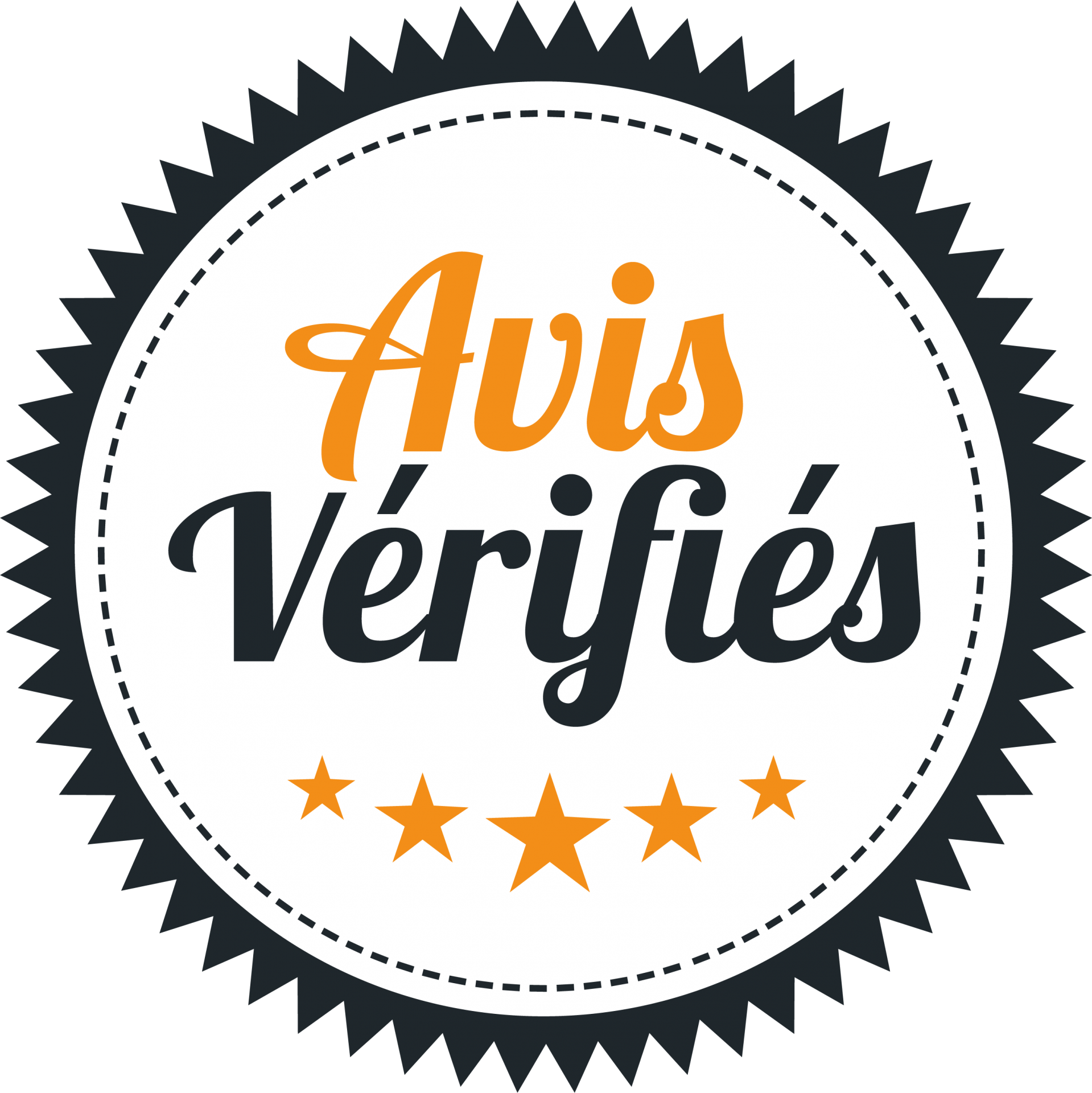 Une affiche avec un cercle blanc contenant le texte orange 'Tous vérifiés' et entouré d'étoiles orange, sur un fond noir avec une bordure en pointillés.