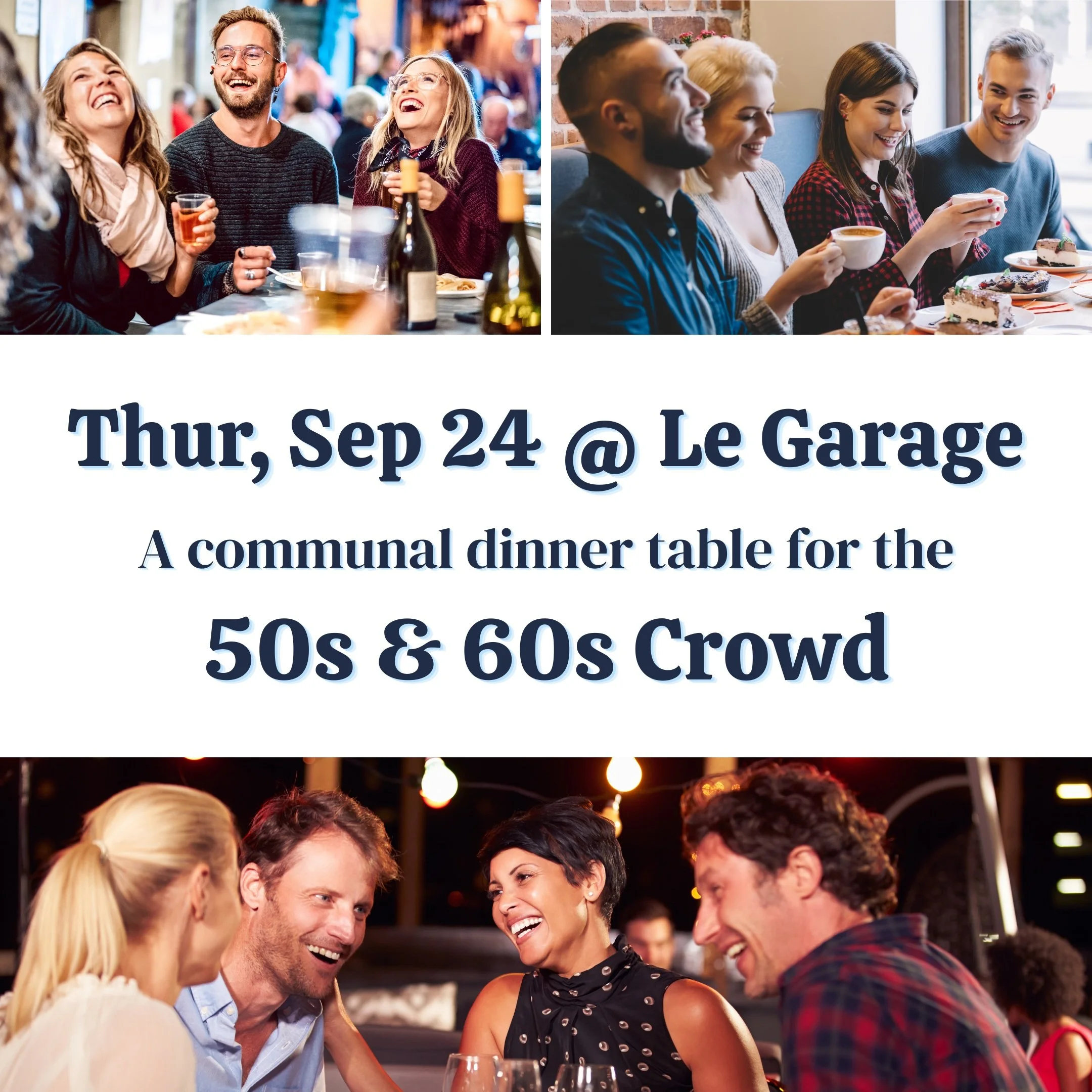 Meet, Eat, and Enjoy in Marin

Looking to meet new people in Marin without lifting a finger or any pressure?

Join our communal dinner table at Le Garage on Sept 24, exclusively for people in Marin in their 50s and 60s.

For more information, visit h