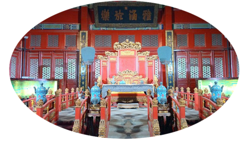 Imperial throne room with ornate decorations and red columns
