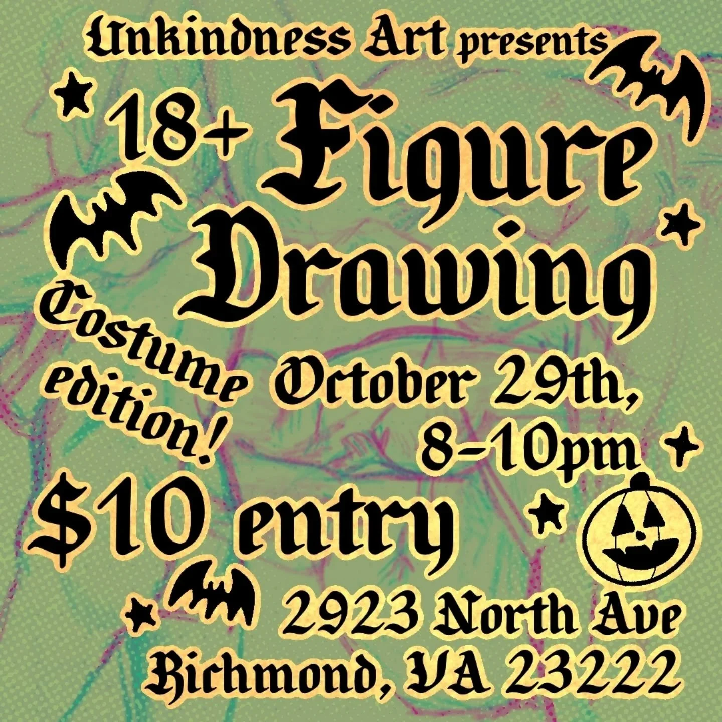 Unkindness Art is pleased to present an ongoing live nude figure drawing series, open to any and all artists (18+!) who want a space to hone their life drawing skills β¨ Events take place on the last Wednesday of every month!
This month, in honor of