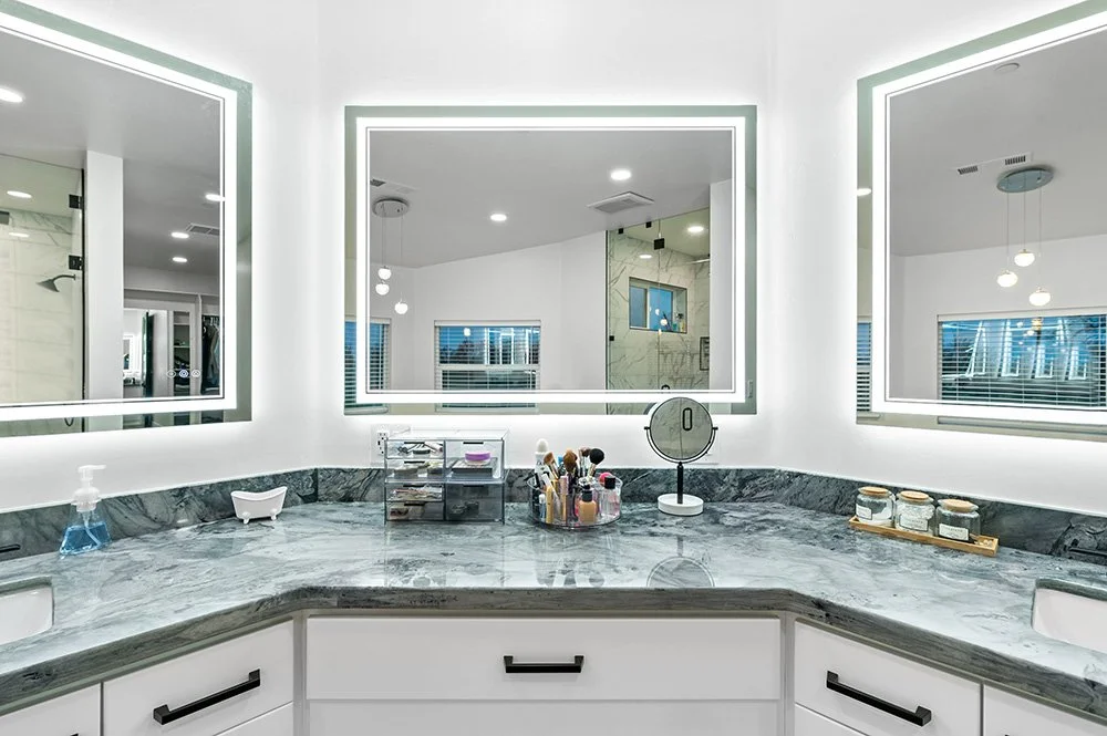 Blue quartzite bathroom countertops