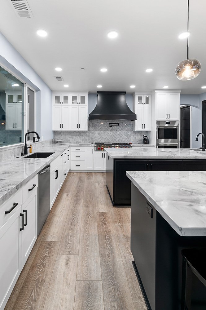 minimalist kitchen with modern marble countertops